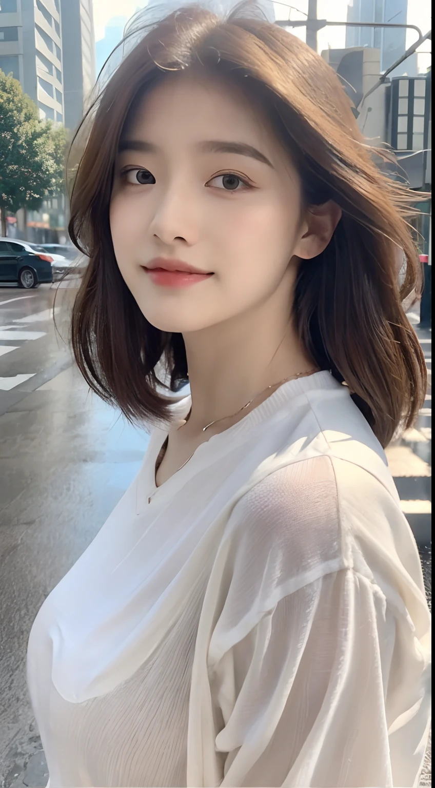 ((Best quality, 8K, Masterpiece: 1.3)), Focus: 1.2, Perfect body beauty: 1.4, buttocks: 1.2, (layered haircuts: 1.2)), (rain, street:1.3), Highly detailed face and skin texture, Fine eyes, Double eyelids, Whitening skin, Long hair, (face round: 1.5), Sweet