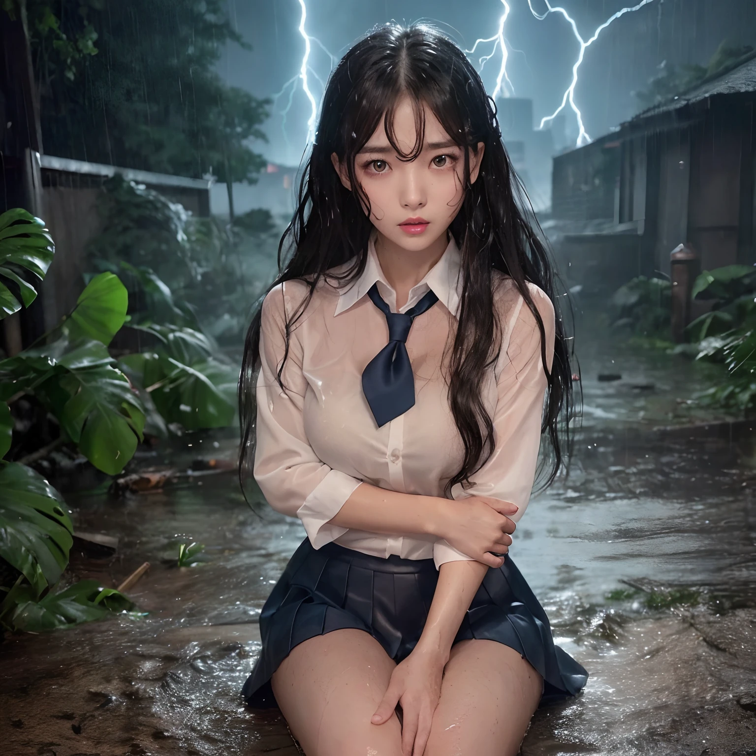 ((Best Quality, masutepiece, 超A high resolution、The most complex and detailed depictions)),1 schoolgirl、Uniforms covered in water all over the body、Alone in the city、face that seems to cry、terrified expression、((One giant lightning bolt))、((Very heavy rain))、((Ōlan))、bao phan、strong wind blowing、Sit with your feet on the ground、Fallen trees and rubble in the background、Wet white uniform shirt、The uniform is wet and tight to the skin、The perfect texture of a wet shirt、The perfect texture for wet hair、Water Flowing on Body、Drenched hair、Wet hair sticks to the face、Hair that gets wet and sticks to the face、((very wet hair))、((disheveled hairstyle))、((wet and disheveled hair))、((Uniforms soaked all over the body))、The skin is faintly visible from the top of the clothes、Wet and see-through skin、Underwear that can be seen faintly from the top of the clothes, ((Perfect texture down to the smallest detail of wet clothes))、Countless water droplets adhere to the body、((Water flowing through the body))、((A large amount of water flows down the face and hair))、Perfect water drop texture、Pink underwear that shows through nature、Wet and gooey hair、((Perfectly expresses the texture of drenched hair))、Wet and shiny hair、Wearing a dark blue wet skirt、Lightning flashes、it is raining heavily、Lightning、Thunderbolt、Very complex and realistic lightning、Thunderbolt、Lightning glow、Big thunder、a dark night、feeling of despair、heavy wind、Giant Thunder、Sit up straight on the ground、Sit on the ground、Precise legs、perfect anatomia、Looking at the camera、She looks up at me、Sad face、Face of fear、Looks cold、The Extreme Look of Fear、Lightning flashes、drenching、Ōlan