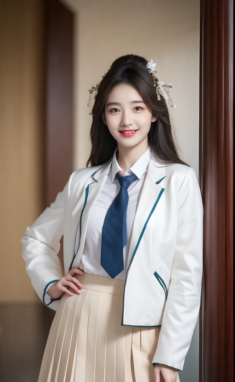 Masterpiece, Best quality, Ultra-detailed, 1girll, aris, White jacket, White shirt, a blue tie, Pleated skirt, Halo, Indoors, Smile
