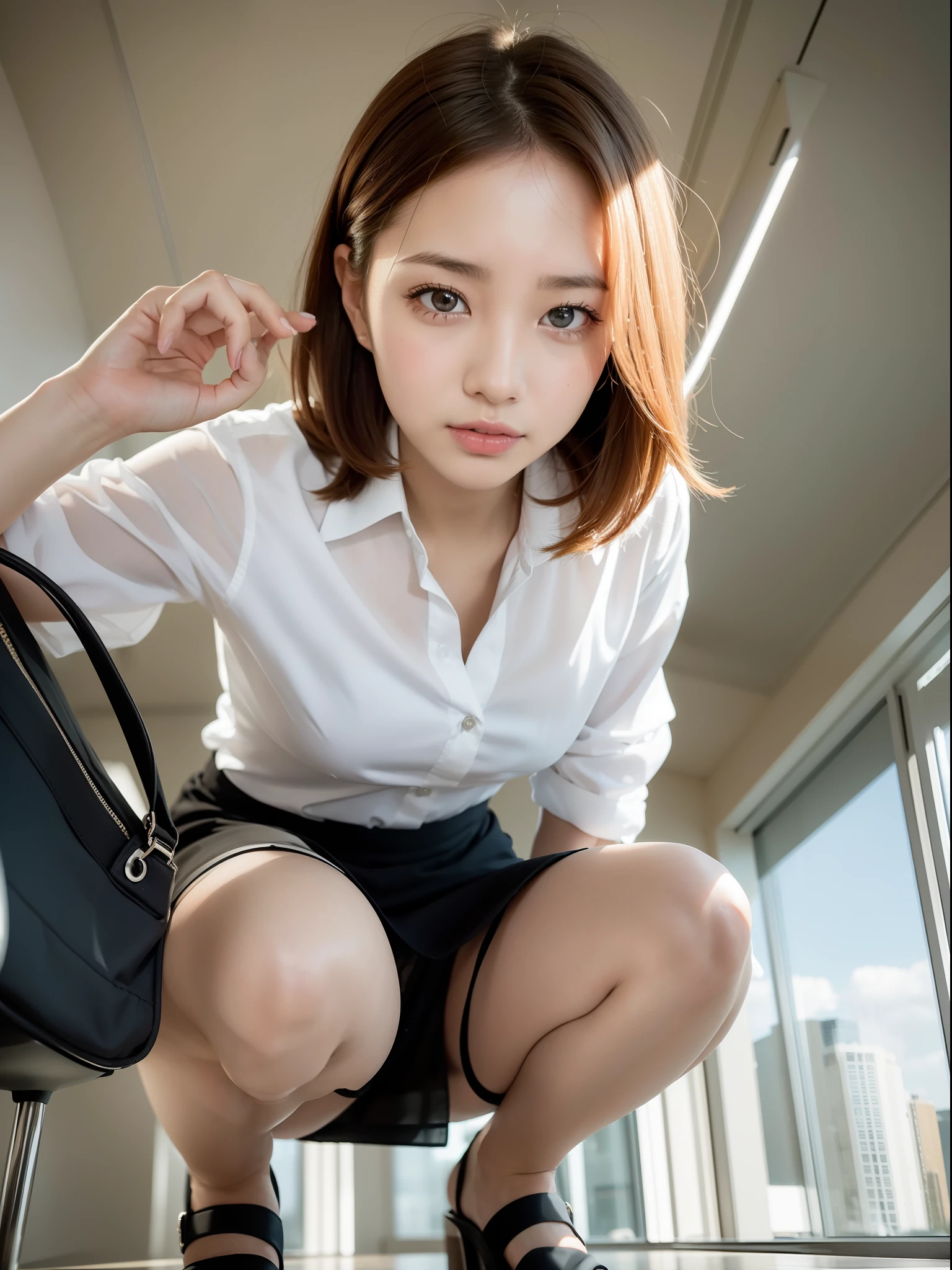 ((of the highest quality, 8K, masutepiece: 1.3, Raw photo)), Sharp Focus: 1.2, (1 AESPA Girl :1.1), Solo, (Realistic, Photorealistic: 1.37), (Face Focus: 1.1), Cute face, hyperdetailed face, short messy hair, Small Smile, small breasts, flat chest, nude, business shirt, chiffon skirt, office room, squatting