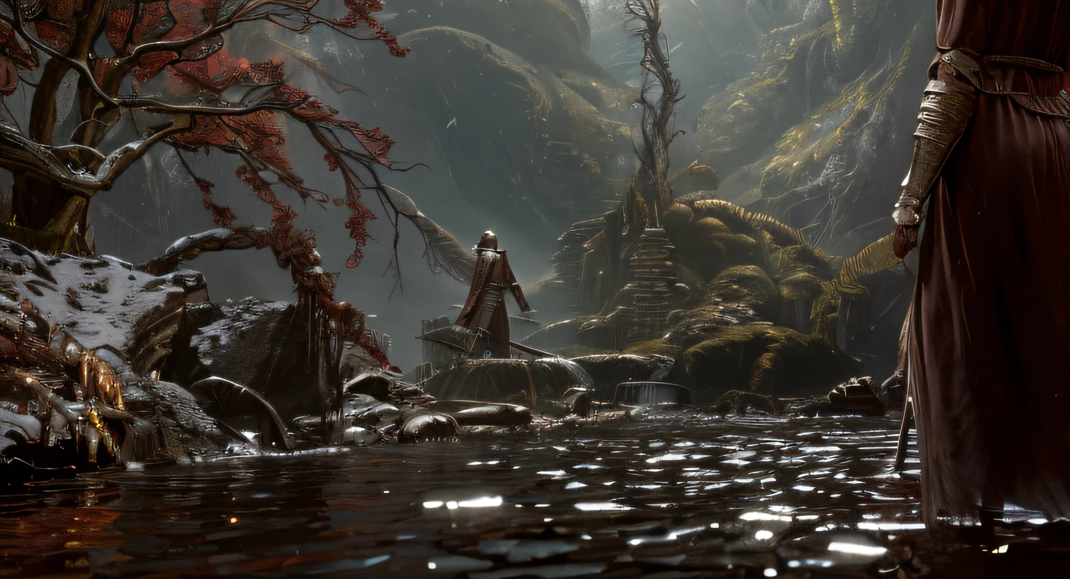 there is a man in a costume standing in the water, lady dimitrescu, flowing robes and leather armor, elden ring cinematic lighting, unreal engine 5 4 k uhd image, sekiro in bloodborne world, from software game, dark souls character, the dark souls knight, dark souls knight, fromsoftware, in style of dark souls 3