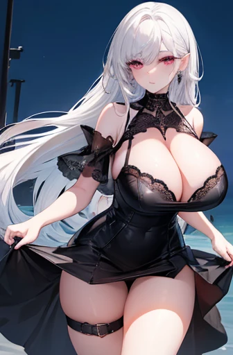 (masterpiece:1.2), best quality, (extremely detailed face:1.4), (highly detailed eyelash:1.6), highly detailed eyes, sharp details, high contrast, (shiny skin), elegant, elegant face, adult women, thick body, sexy body, massive breast, milfy face, revolted, girl, aqua_eyes, bag, bare_shoulders, blush, breasts, cleavage, closed_mouth, collarbone, cowboy_shot, night, dress, earrings, jewelry, long_hair, off_shoulder, outdoors, black_dress, white_skirt, solo, standing, tree, white hair, purple eyes, arms down, hand down, big breast, big oppai, adult, milf, mature