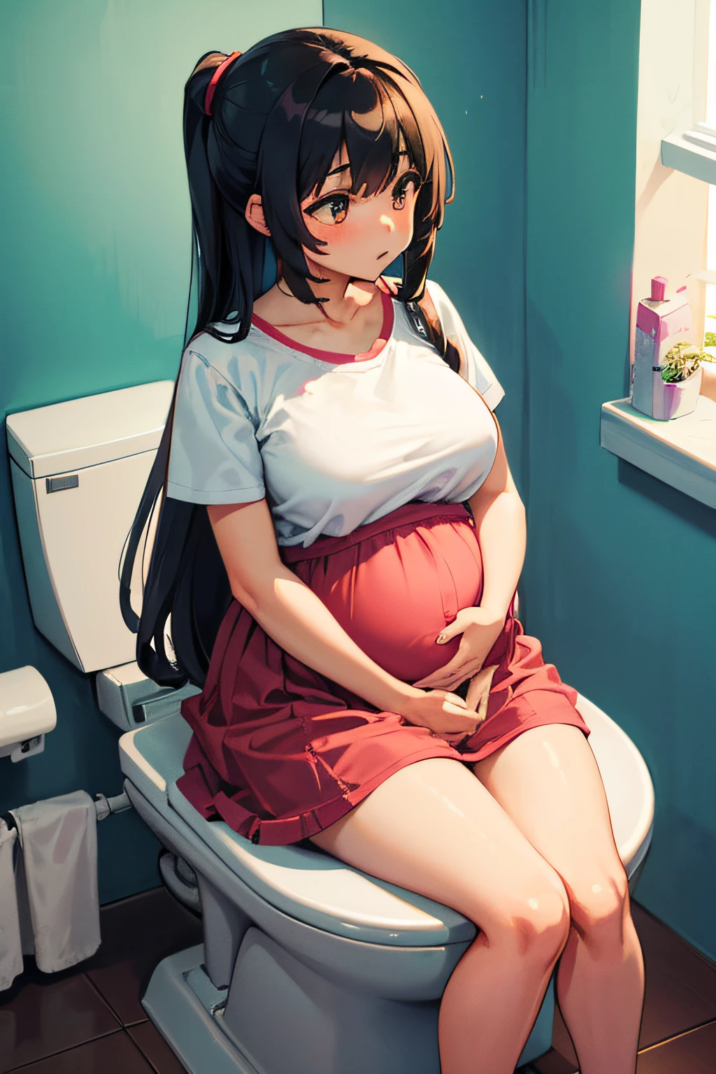 1girl, long hair, pregnant, at toilet, sitting on closet, poop