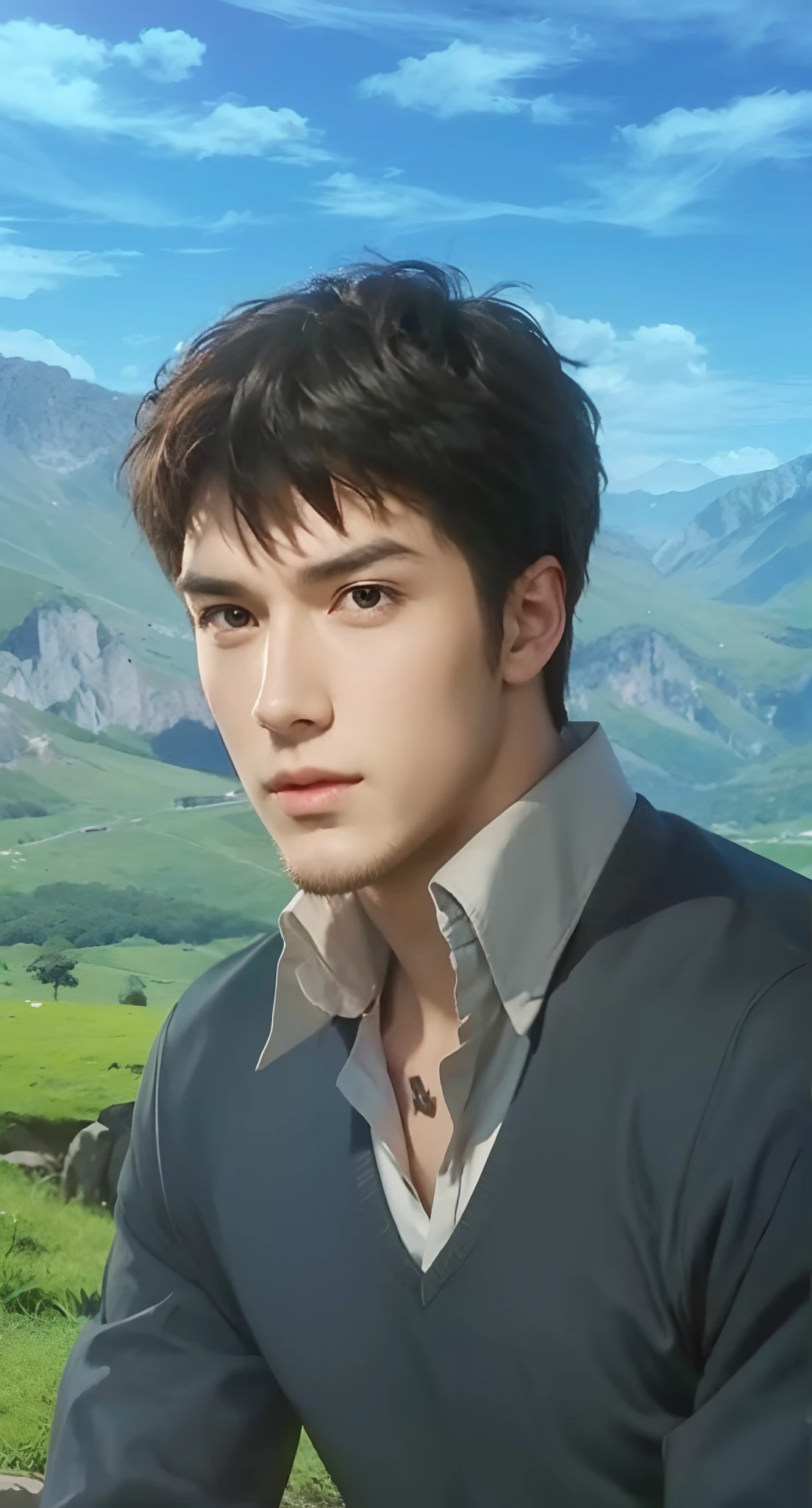 Real life adaption of this character, handsome face,realistic same hair, (realistic same outfit), realistic same background , realistic light, realistic shadow, realism, hyper realistic,(photorealistic:1.2)