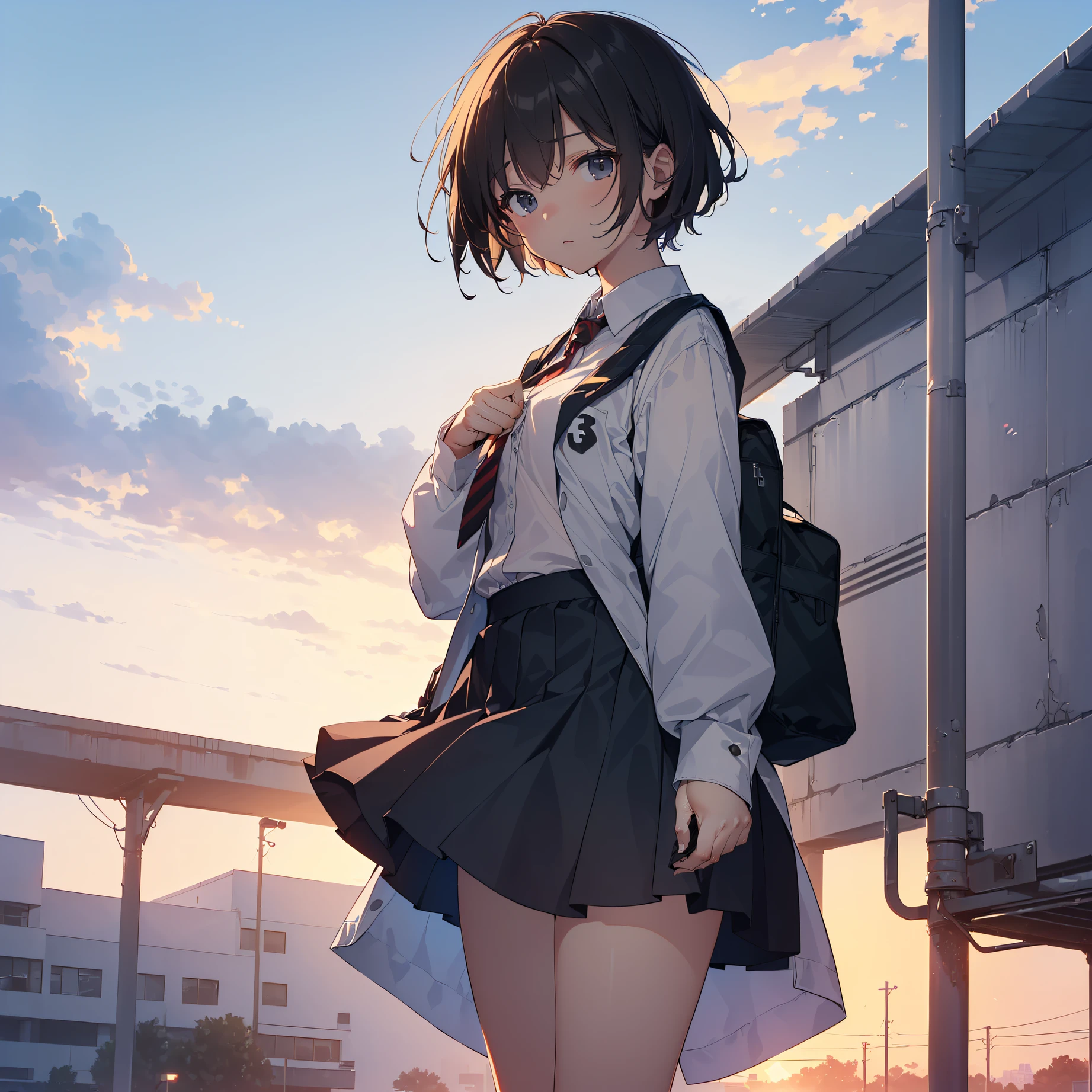 ((top quality, anime, ultra-detailed,high resolution,extremely detailed CG,unity 8k wallpaper, by famous artist, perfect anatomy, super detailed skin, cinematic lighting, UHD, retina, anatomically correct, 1080P)),break,(Please draw a girl walking sleepily to school. :1.3),break, 1girl, (Solo,Loli face,-yeld:1.a junior hinous charm, (Very Short hair), Full limbs, complete fingers,flat chest, Small butt, groin, Beautiful detailed black eyes, disgusted eye, school Uniform, (Detailed Lighting), (Detailed background), (in the school zone),