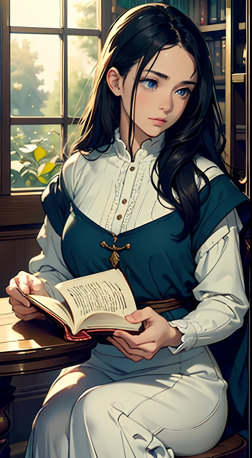 (Best Quality,Realistic:1.37),Portrait,Female,Woman with dark hair,medieval clothing,Detailed eyes (Perfect and radiant),Holding a book,at the library,Perfect hands,Blue eyes,bookish,beautiful setting,Warm lighting,Soft colors,serene ambiance,Book lovers,peaceful ambiance,Calm expression,Quiet moments,Vintage atmosphere,refined,Gentle lighting,Cozy Corner,Immerse yourself in reading,Rich details,bookworm,Thoughtful gaze,Captivating presence,Convincing composition,Classic elegance,Deep immersion,A quiet retreat,Fascinating beauty,Contemplative state,Aesthetic appeal,Sophisticated clothing,vibrant and vivid colors,Legacy settings,Sober background,Majestic bookcase,Exquisite texture,The Charm of Knowing,Traditional atmosphere,Lush green environment,Attention to detail,Quiet and calm,Delicate and graceful,Pure and refined,Elegant simplicity,Artistic finesse,Harmony and balance,Seductive composition.