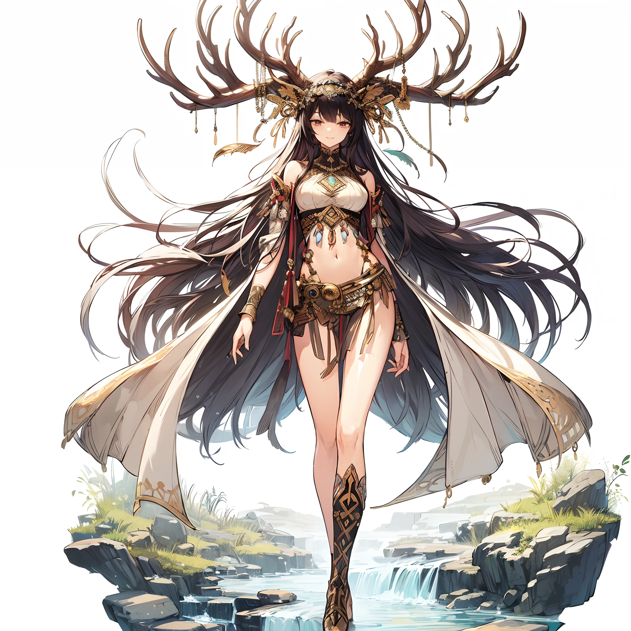 (masutepiece, Best Quality), (Perfect athlete body:1.2), (detailed hairs), Ultra-detailed, Anime style, Full body, Solo, An androgynous figure with stag horns growing out of his head, Dressed in the style of ancient Roman tribes, Standing by the creek, Beautiful and terrible, high heels boots, Digital Painting, 8K High Resolution, trend artstation, White background, Whole body,Invincible smile