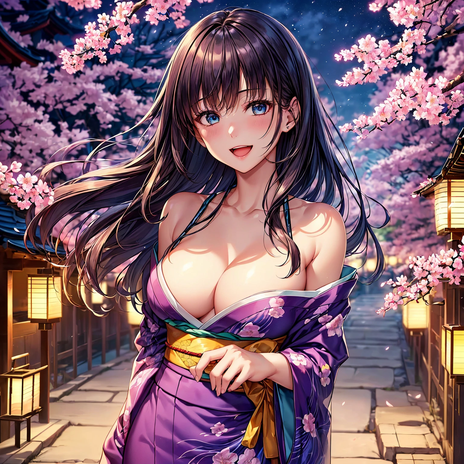 (top-quality、​masterpiece、very high res、An ultra-high picture quality、High quality pixels)、(She is a mysterious and bewitching woman, And she is 18 years old,1 person,Single,独奏:1.5)、(She is a very beautiful woman with a beautiful face)、(Beautiful face written in detail,Beautiful body,Strong-willed eyes,Beautiful eyes,Beautiful and colorful hair,Beautiful skin texture)、(Beautiful hair quality,Variety of hairstyles)、(She has a slender figure and her breasts are D cups)、(lovely smile,Smile, Open mouth,),(Wearing a Japan kimono,Colorful Japan kimono,shoulders are exposed),(Rows of cherry blossom trees at night,Night cherry blossoms in full bloom,Lanterns light),(model poses,modelshoot,Magazine shooting,Hair flutters under the influence of the wind),The wind is blowing、Beautiful Art Style, an animated character、(The whole picture、Detailed picture、accurate anatomy、Defect-free images、extremely detailed picture、Accurate images、Perfect Image 1.5)、(Best Shot Photo 1.2)