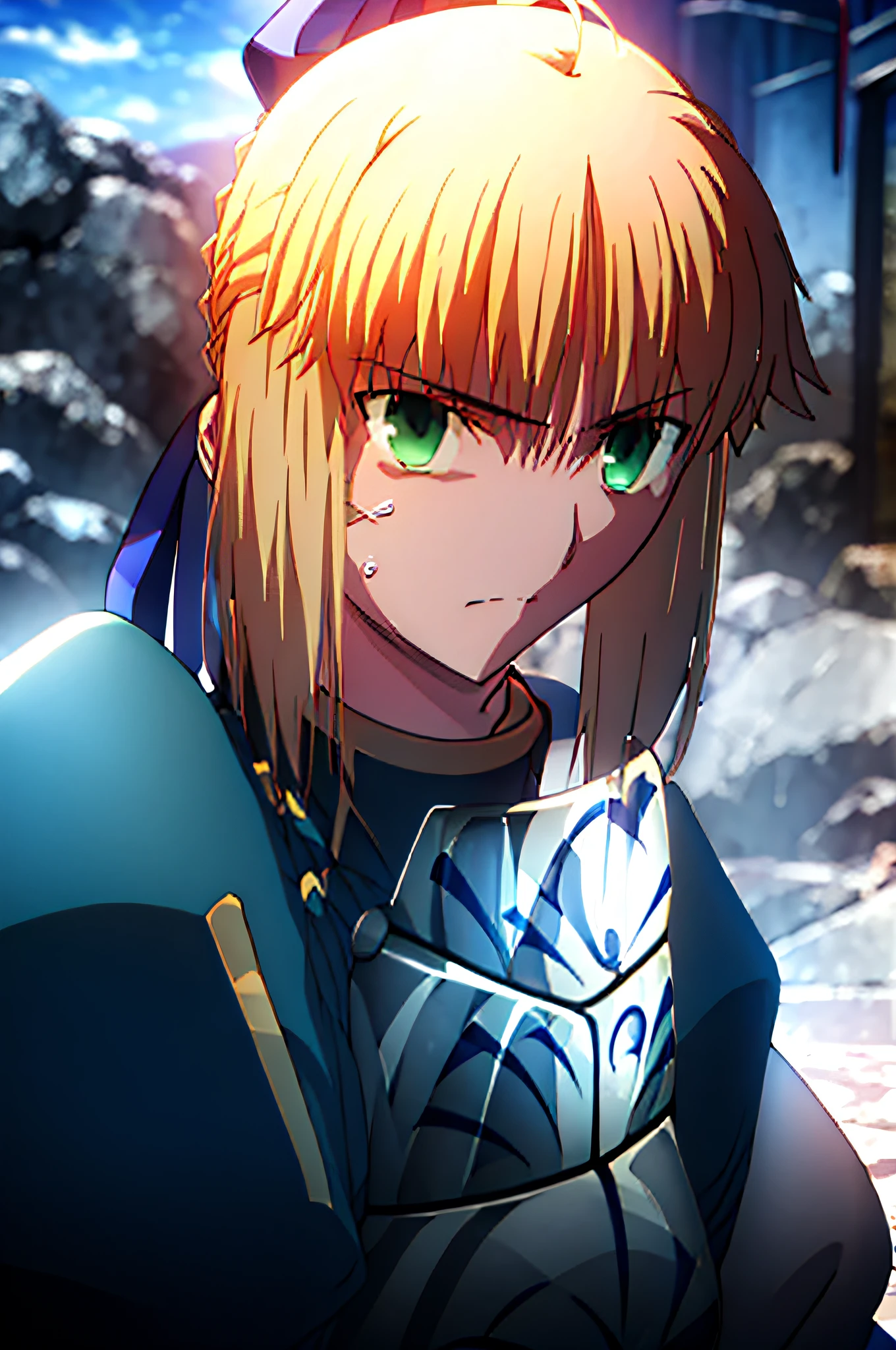 Saber in front、from the front side、top-quality、Possesses the holy sword Excalibur、４K、Focus on the face、