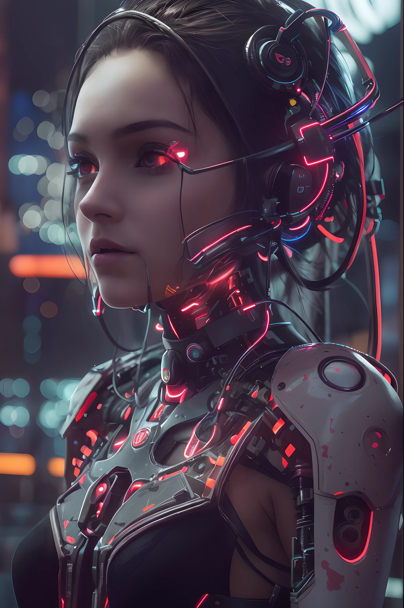 ((close up portrait of beautiful cybernetic girl)), ((mechanical limbs)), (blood vessels connected to tubes), (mechanical vertebrae), ((mechanical cervical attaching to neck)), (wires and cables attaching to neck:1.2), ((mass of wires and cables on head)), (character focus), (masterpiece), (((best quality))), ((ultra-detailed)), (highly detailed photorealistic CG illustration), cinematic lighting, science fiction, extremely detailed,colorful,highest detail, cyberpunk city background.