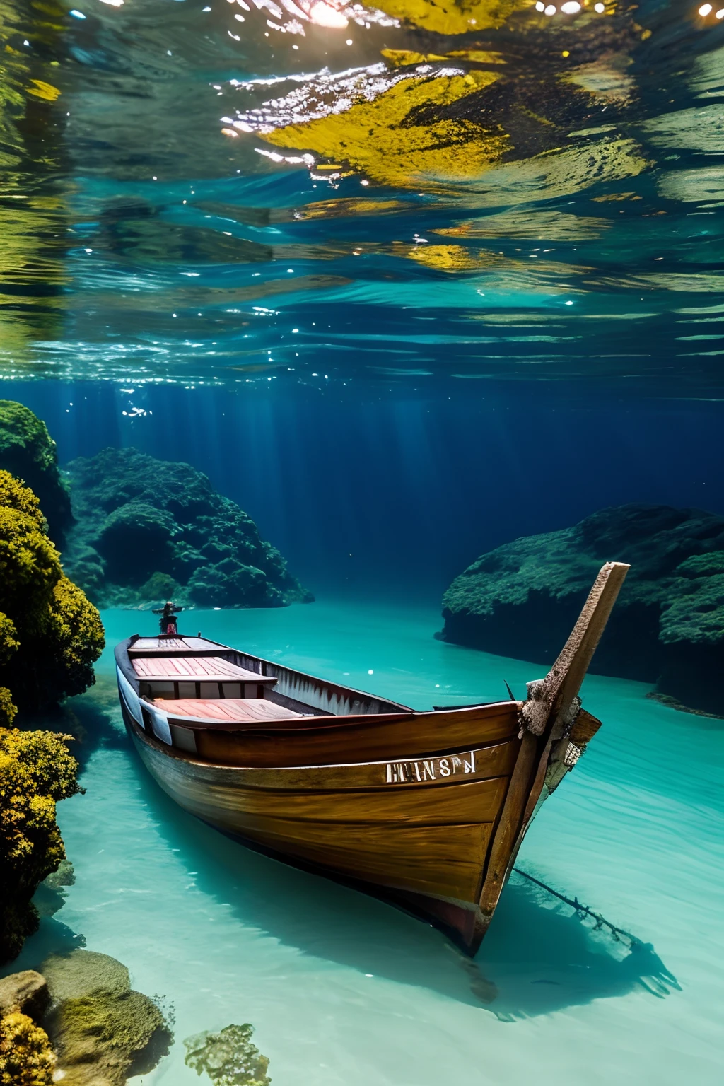 floresta, submersa abaixo do oceano, barcos afundados, mergulhadores