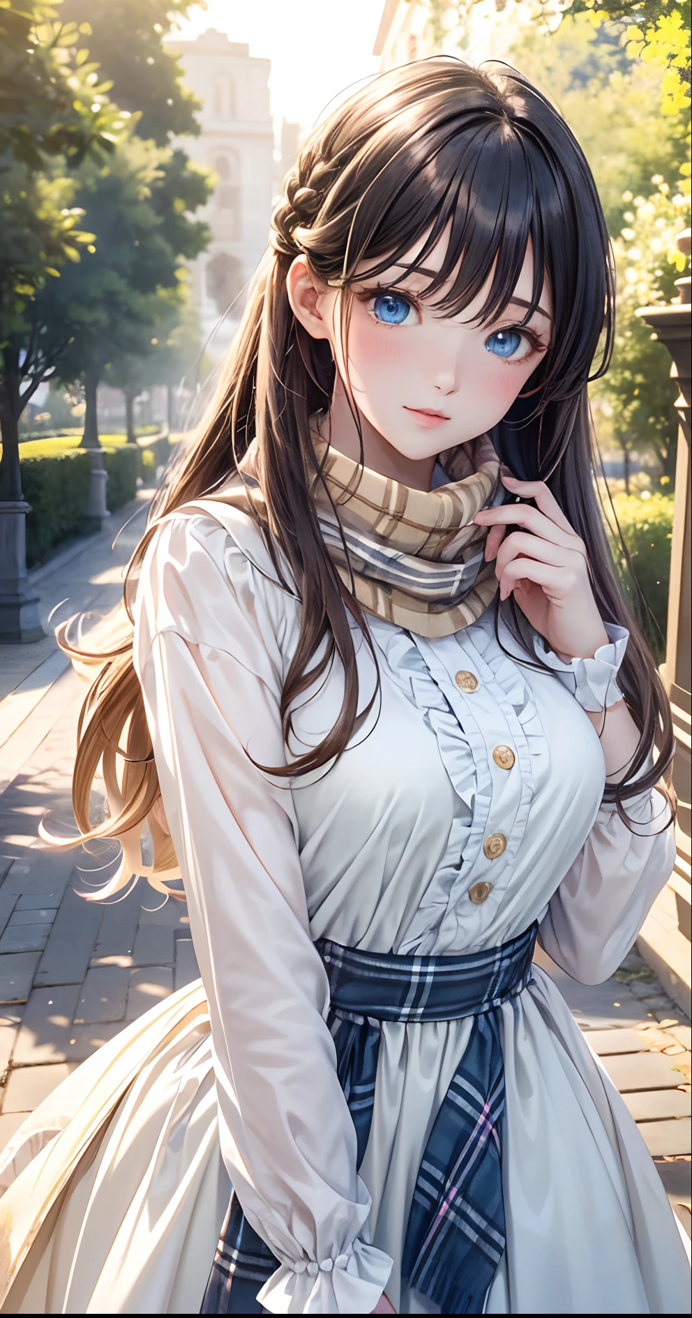 (​masterpiece),(top-quality:1.2),1girl in,(masuter piece:1.3),exquisitedetails, Highest quality 8K resolution, Ultra-detailed, Realistic, Vibrant colors, Soft tones, With warm and gentle lighting,(Beautiful plaid scarf:1.3),(Preet Pink Ruffled Ribbon Dress,) (Brown long coat:1.2) early evening,Big sunset,(Smooth straight blonde hair:1.2),(Hair parted in the middle:1.3),(Glowing hair),(Dark blue eyes:1.3),White skin, hair clips,Overflowing soft and gentle feelings,(The promenade is full of flowers),The sun's rays illuminate joy and pure love, Warm golden glow,The atmosphere is full of happiness and laughter, As if celebrating love,Sticking to ultra-detailed depictions and vivid colors. In a style that blends romanticism and realism、You can feel the depth of love,color palettes,Create an ethereal atmosphere like a dream,and the lighting is soft and diffused, Shine a gentle light on your face,The artwork is a masterpiece,