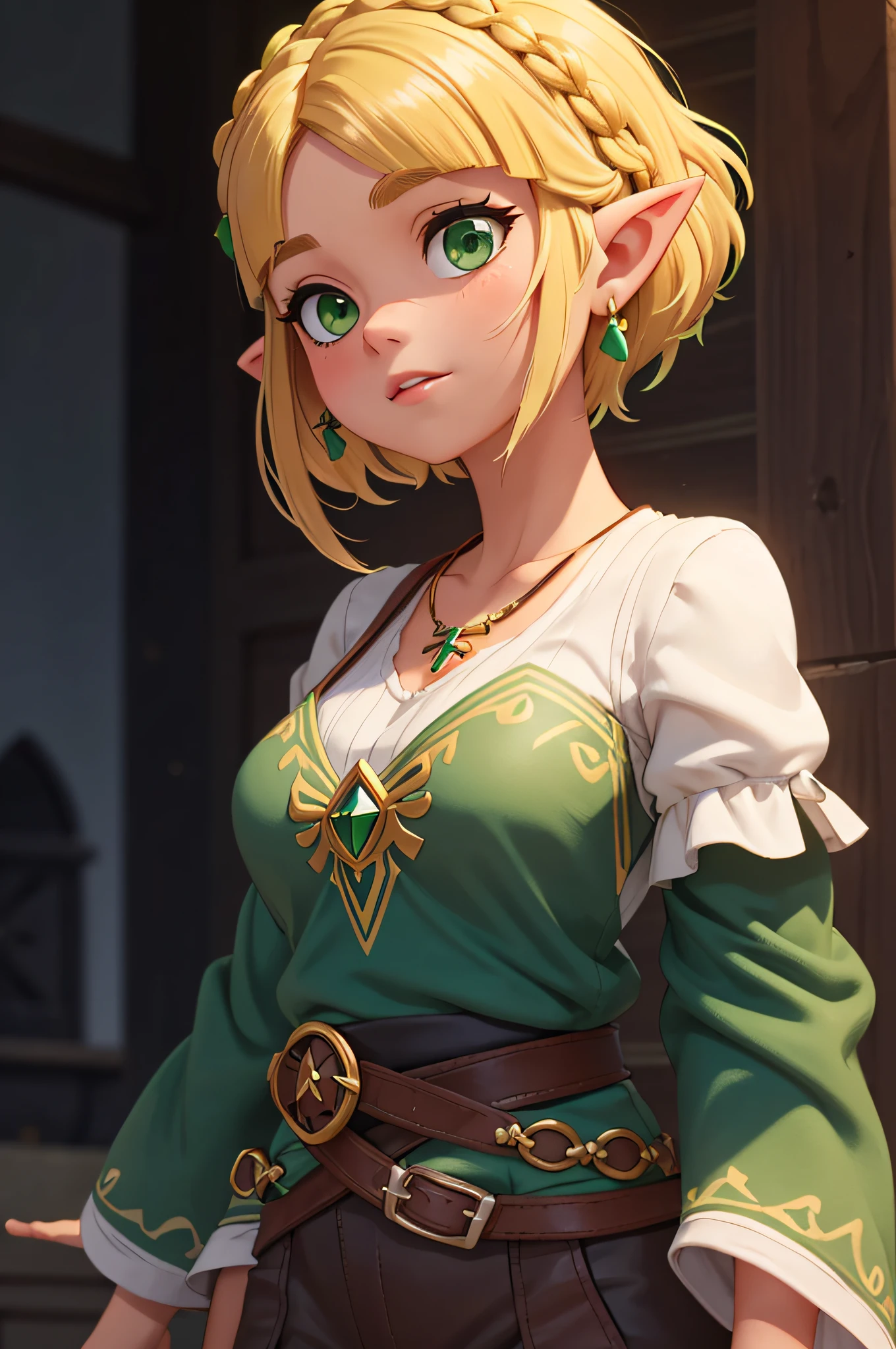 (1 female elf, masterpiece, best quality, ultra-detailed, beautiful detailed, (((extremely detailed face))), (((blunt bangs))), (((big ruffles and ribbon))), sad look, ( ((short tunic to the thighs))), blonde hair, green eyes, thin lips, round face, large breasts with cleavage, wide waist, 1.67m and 46kg, standing chained in the dungeon ((chains on hands and neck)) dramatic scene, leafa