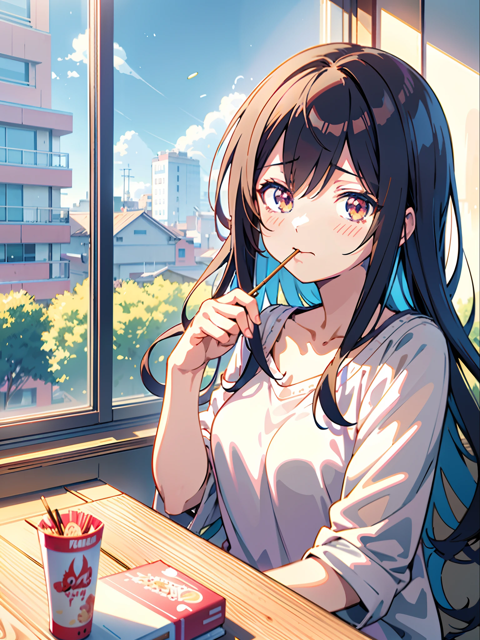 Pocky、Anime girl eating pokie in front of the window, anime moe art style, Anime visuals of cute girls, Smooth Anime CG Art, charming anime girls, Seductive Anime Girl, Beautiful anime girl, marin kitagawa fanart, pretty anime girl, (Anime Girl), Beautiful Anime Portrait, Cute anime girl, visual novel cg, Portrait Anime Girl, digital anime illustration