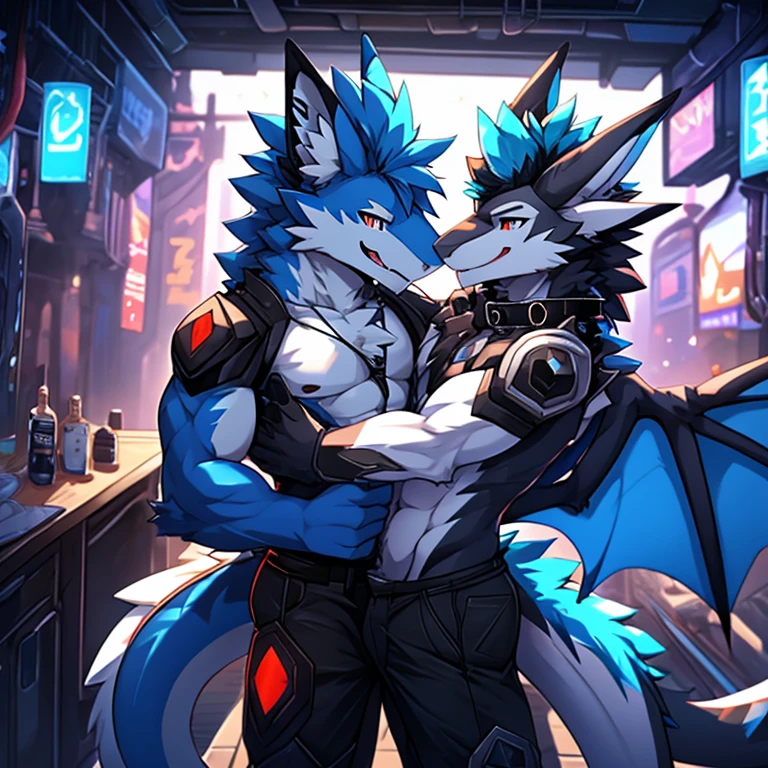 (by syuro, einshelm, chunie), NSFW, tapering penis, knot, sheath, balls, protogen, pants, pants down, underwear, Two handsome and intimidating wolves standing in an alley, Male/male, night, nighttime, dark sky, the wolves facial expressions are naughty and horny, wearing shorts, looking in the direction of the viewer