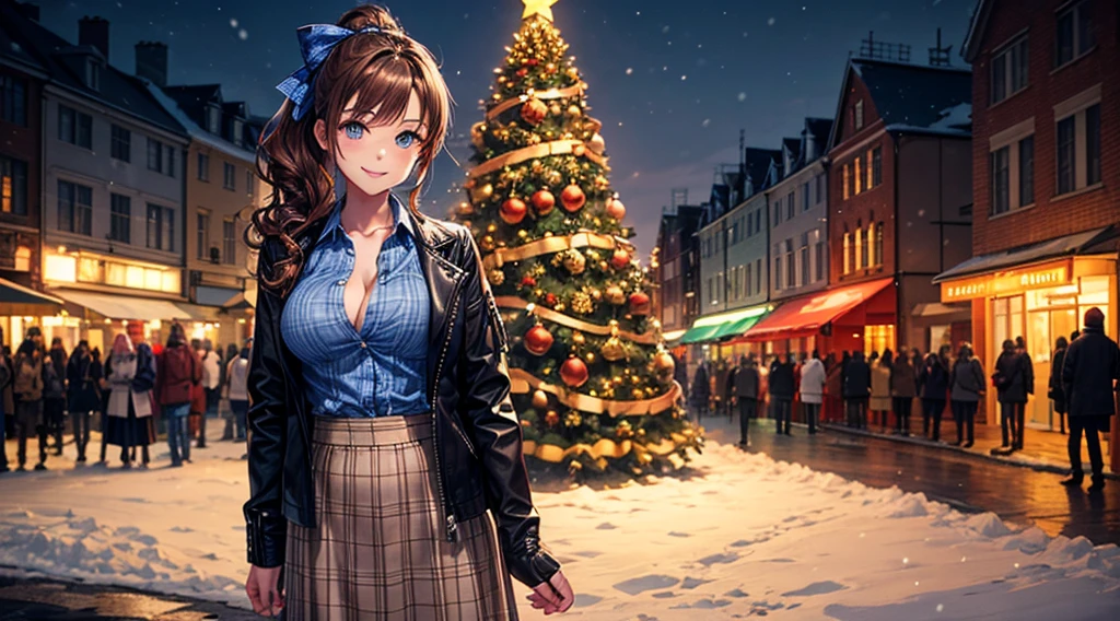 1girl, solo, christmas, ((christmas tree)), street, night, lights, snow, long hair, brown hair, curly hair, ponytail, large breasts, button down, ((opened brown zipper jacket)), dark blue eyes, ((blue shirt)), ((checked shirt)), ((unbuttoned shirt)), ((long skirt)), smile, looking at the viewer, standing, hair ribbon