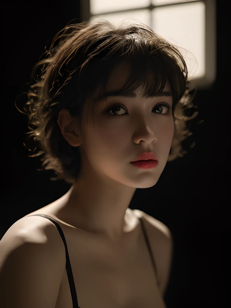 Best quality, masterpiece, ultra high res, (photorealistic:1.5), raw photo, 1girl, offshoulder, white lace bra, in the dark, deep shadow, low key, cold light, sexy look, short hair
