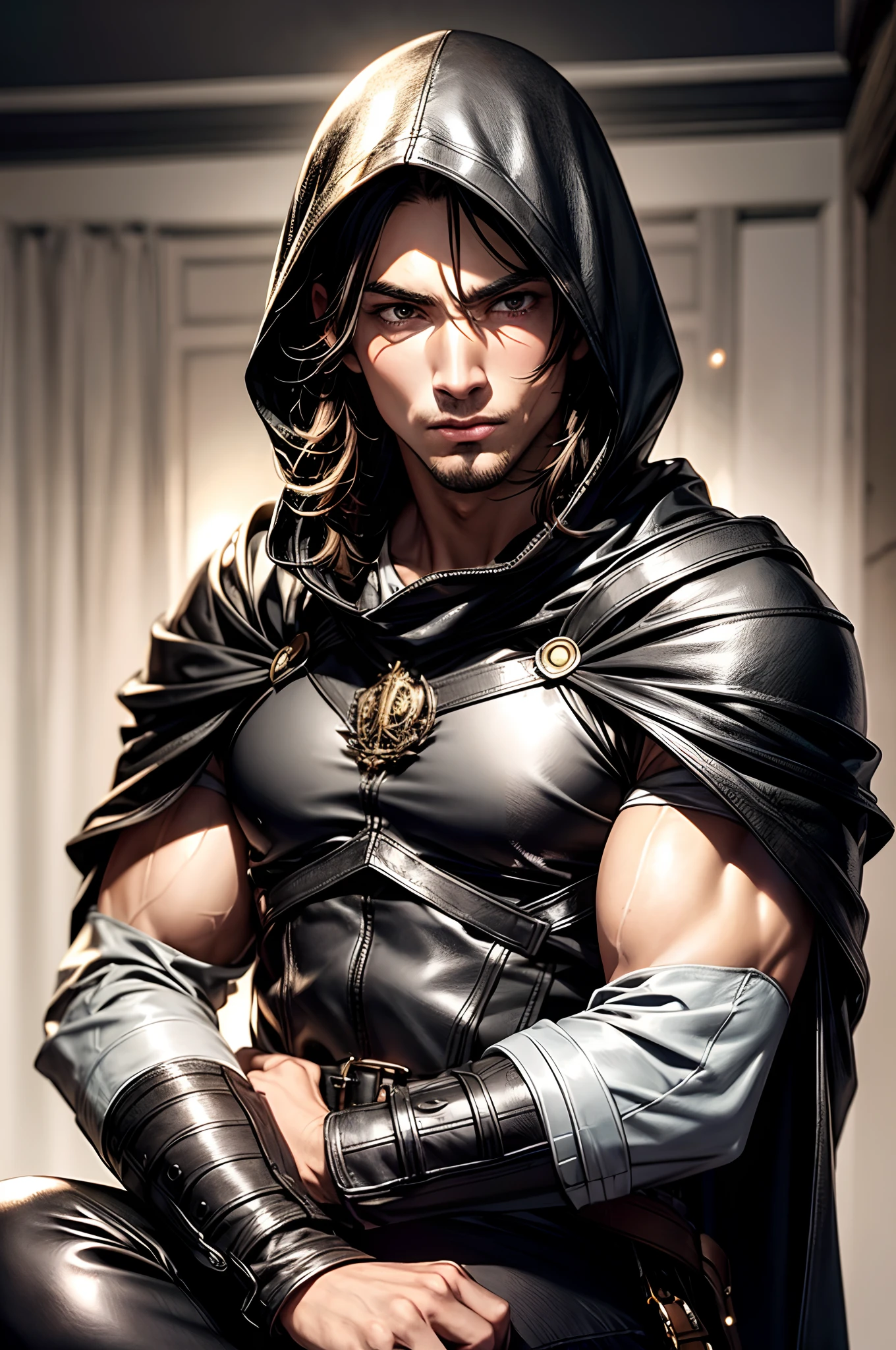 (absurderes, hight resolution, ultra-detailliert), 1 male, Adult, Handsome, High muscular face, broad shoulders, finely detailed eyes, Short black hair, Brown eyes, Black cloak, Wearing a hood, Leather Vest, Leather bag at waist...., 2 daggers on the belt, castle, Medieval atmosphere, Natural Light and Shadow, Bright particles fly around a person, Fantastic, Mysterious, Bright glow, Seated Pose, Serious expression, Cold, thoughtful, Mouth Shut