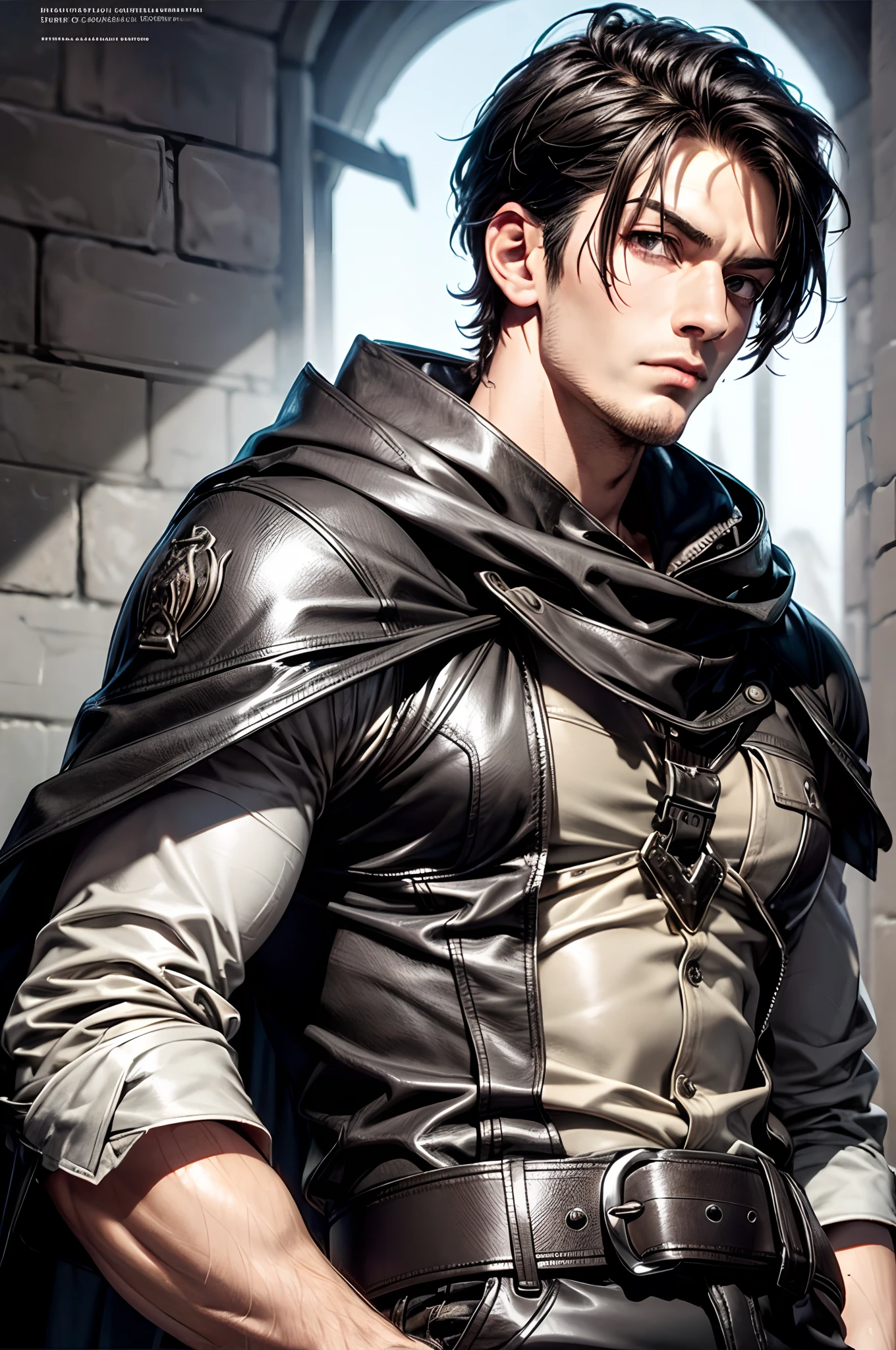 (absurderes, hight resolution, ultra-detailliert), 1 male, Adult, Handsome, High muscular face, broad shoulders, finely detailed eyes, Short black hair, Brown eyes, Black cloak, Wearing a hood, Leather Vest, Leather bag at waist...., 2 daggers on the belt, castle, Medieval atmosphere, Natural Light and Shadow, Bright particles fly around a person, Fantastic, Mysterious, Bright glow, Seated Pose, Serious expression, Cold, thoughtful, Mouth Shut