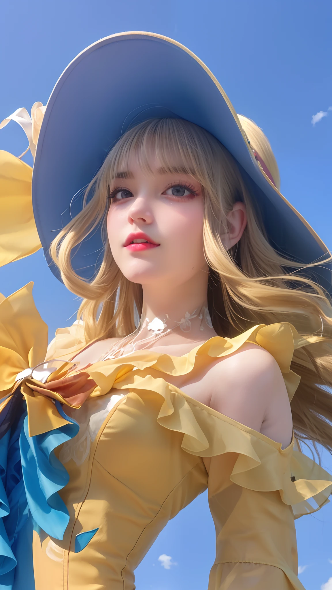 (8k, 4k, best quality, highres:1.2), (maasterpiece, realistic, photo realistic:1.37), 1girl, solo, beautiful face, eyelashes, nose, glossy lips, (detailed eyes, looking at viewer, fair skin, white skin:1.5), fine complexion, upper body, large breasts, busty,, (:1.5), outdoor onsen, two side up, absurdly long hair, blonde hair, pink hair, bangs, hair ornament, bow, younger, aged down,open and close your eyes
