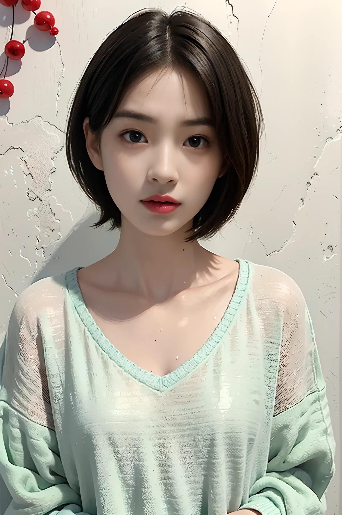 (A hyper-realistic), (illustratio), (hight resolution), (8K), (ighly detailed), (The best illustrations), (beatiful detailed eyes), (top-quality), (ultra-detailliert), (​masterpiece), (wall-paper), (详细的脸), drooing eyes,Sweaty,Upper body close-up,short-hair,inner colored,独奏,21 year old woman in v-neck sweater, japanes, small tits、Slimed、A slender、realistic skin textures