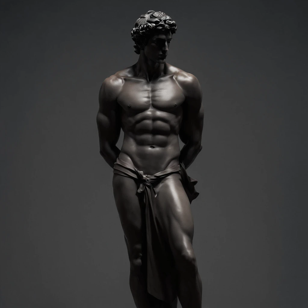 Greek god statue in a dark studio, perfect body statue, man statue, minimal background, classic physique.