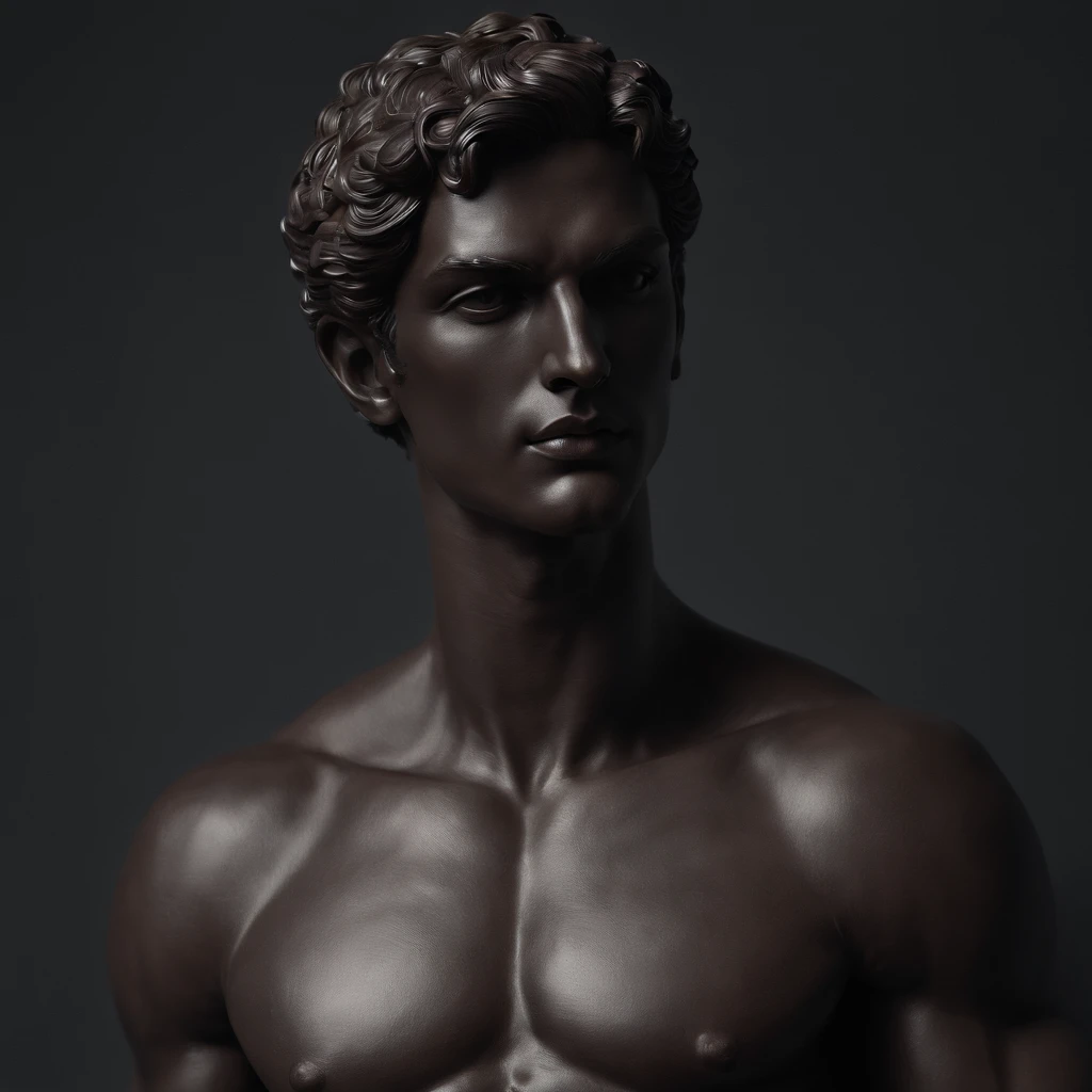 Greek god statue in a dark studio, perfect body statue, man statue, minimal background, classic physique.