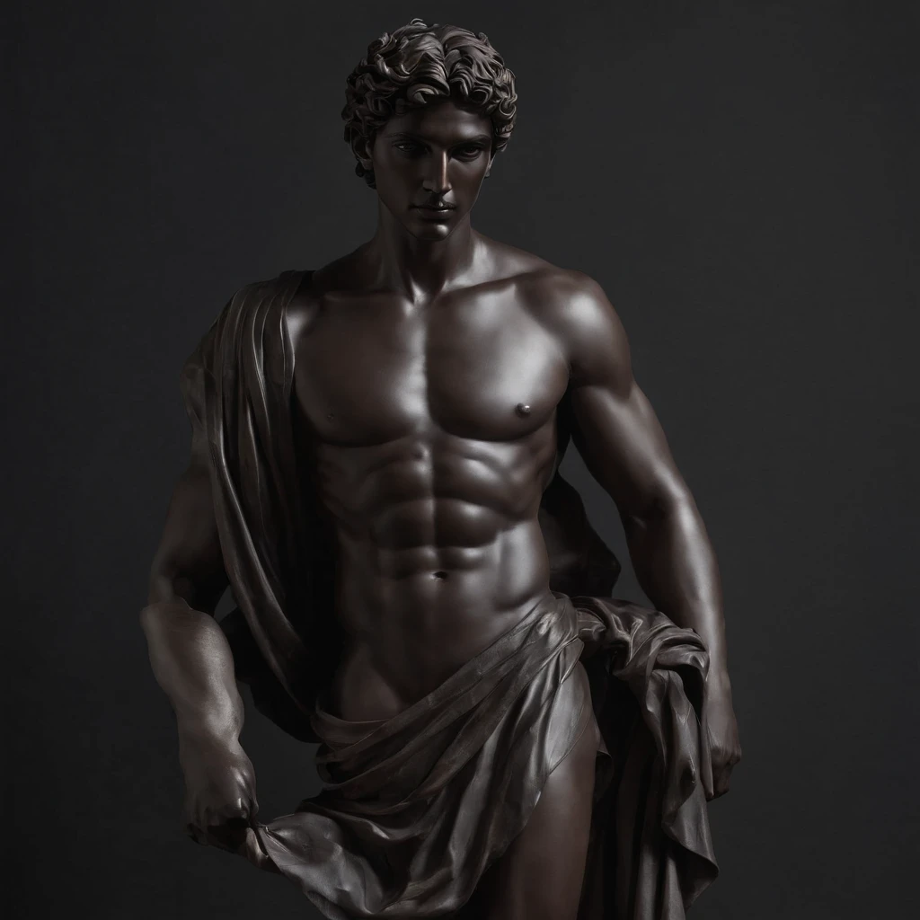 Greek god statue in a dark studio, perfect body statue, man statue, minimal background, classic physique.