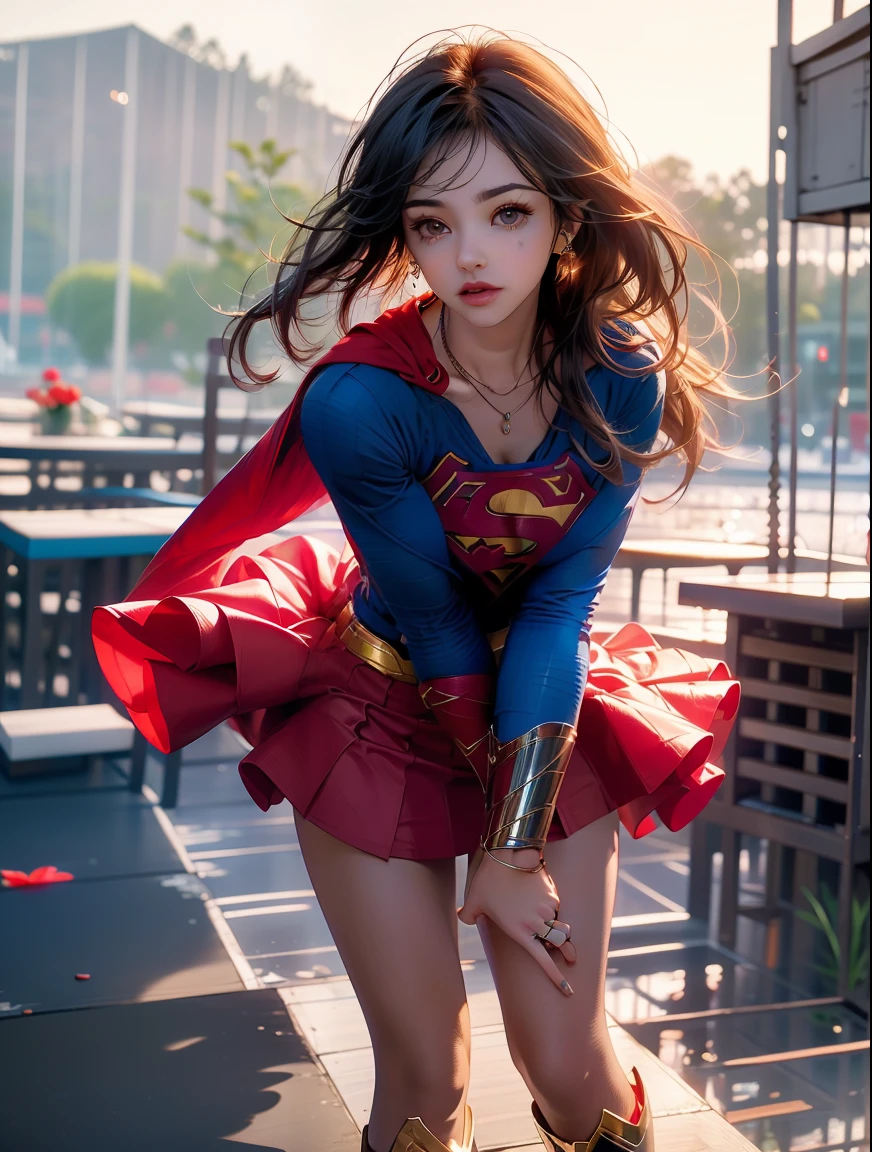 masterpiece, 4k, 8k, high quality, highly detailed, detailed face, HDR, vivid colors, natural lighting, Best Shadows, Shallow Depth of Field, Portrait of (Supergirl:1.1) standing on a rooftop, smiling, red skirt, red cape, red boots with heels, delicate, alluring blue eyes, lovely medium breasts, blonde, (Superman symbol on chest:1.2), bare legs, open navel, blue sky, sunlight, clouds, sun, bloom,