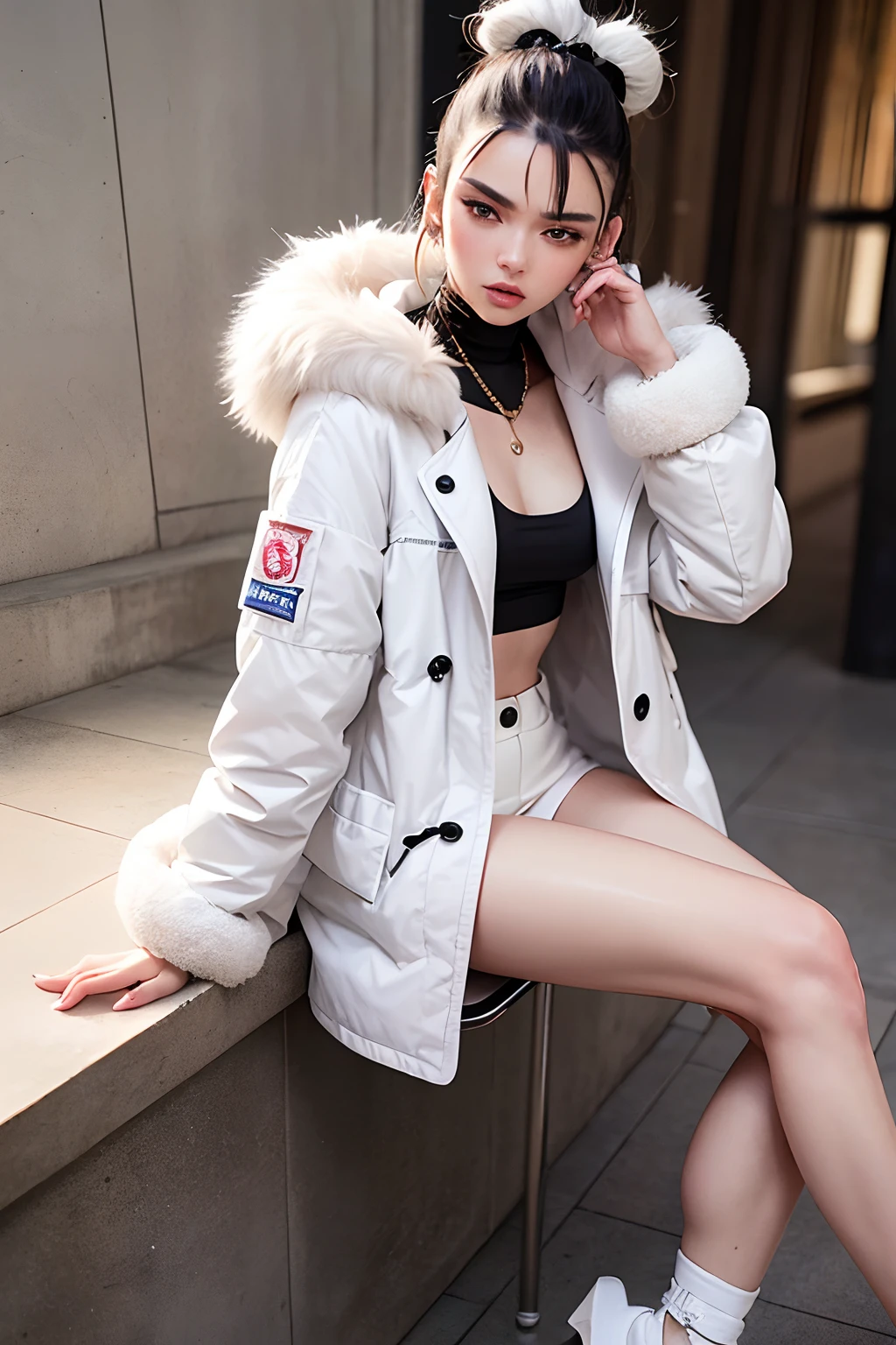 arafed woman in a white coat sitting on a chair with a white coat, kendall jenner, dua lipa, photo from vogue magazine, fur covered legs, white fur, vogue photoshoot, furry legs, photoshoot for vogue magazine, official vogue editorial, lv, jen atkin, 🤬 🤮 💕 🎀, charli xcx, wearing a white winter coat