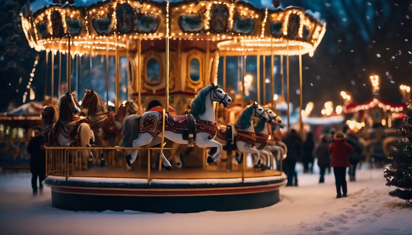 A whimsical snowy park, with a carousel adorned with sparkling lights and festive decorations, and children happily riding colorful horses.