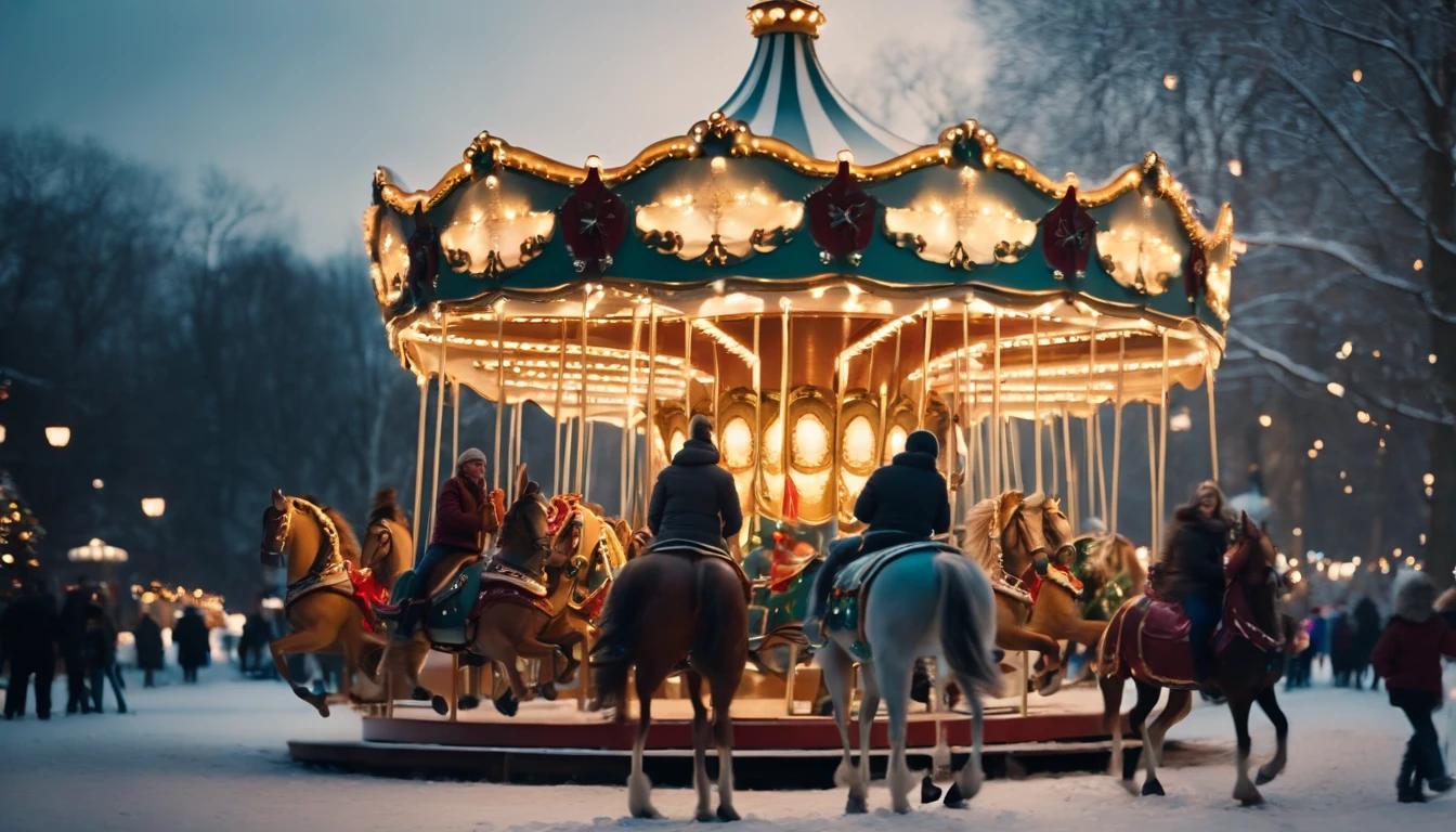 A whimsical snowy park, with a carousel adorned with sparkling lights and festive decorations, and children happily riding colorful horses.