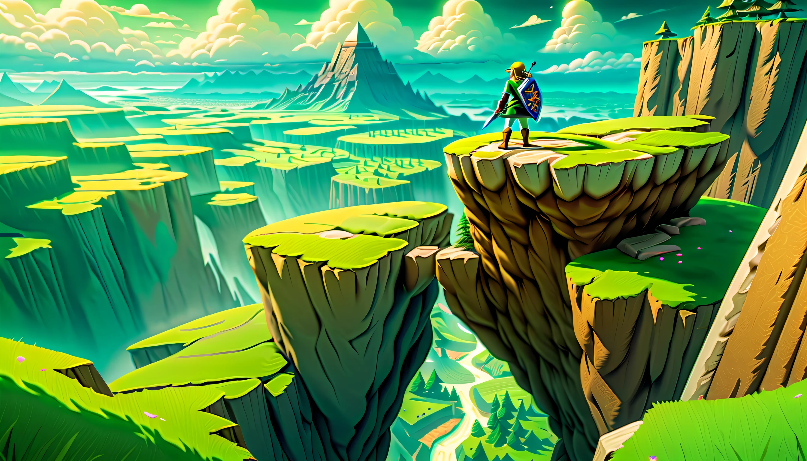 Legend of Zelda Style Scenery, (((ultra quality Legend of Zelda character Link of jump off from a cliff:1.3))), epic landscape of video game detail cg, (view from above with a view of the sky and wilderness below), extremely incredibly detailed, intricate insane details, (((radiosity rendered in stunning 32k resolution:1.3))), highest quality, highly quality, (((ethereal beauty:1.3))), (((breathtaking beauty:1.3))), (((stunningly detailed paintwork:1.2))), (high contrast sophistication masterpiece:1.3), (ultimate in quality and resolution:1.3), intricate insane details, dreams are released in the distant sky, spring is scattered,echoing in this farthest land, reincarnations reflected in eyes as look up at the sky.where will carry the lost tomorrow, blows across the dull-colored shining sea, small boats swaying in the wind,illuminating the endless track of dreams,destiny will burn out, wander aimlessly, become the light that shines through my heart, and release my dreams in the distant sky, farthest reaches,if the map of sadness reverberated through the earth,scars of timeless days would be scattered,countless winds, in the blinking distance, shadow swayed in the endless rut of dreams,