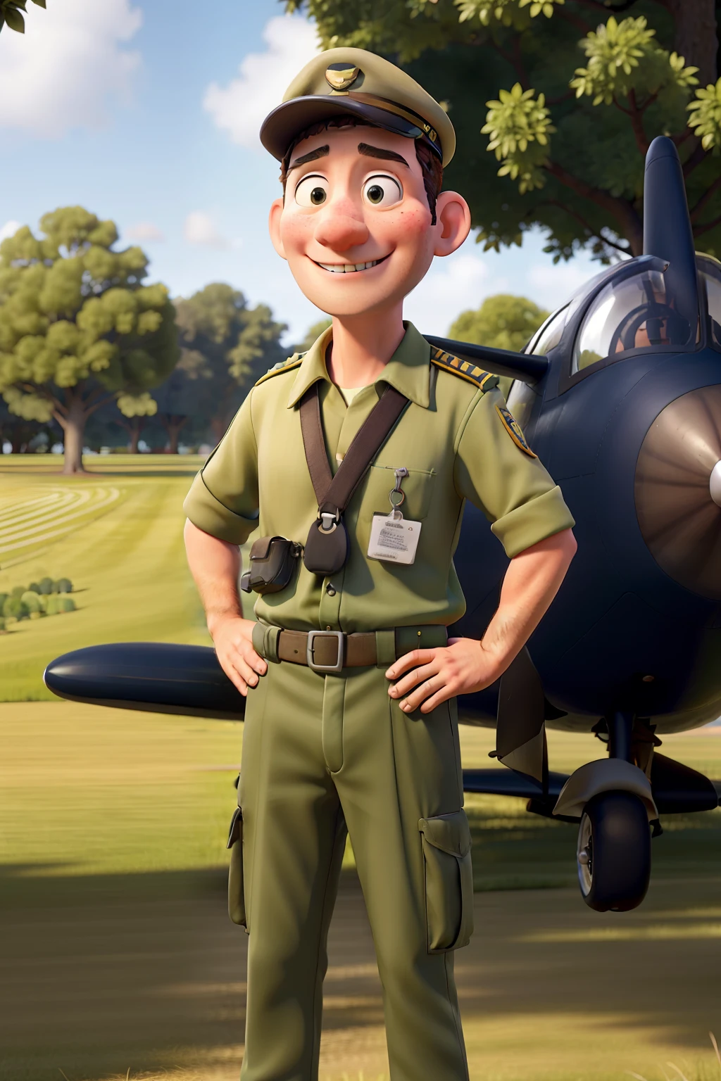 I airplane pilot in uniform aged 40 years next to a Seneca Piper in the background a green field with trees and hangar