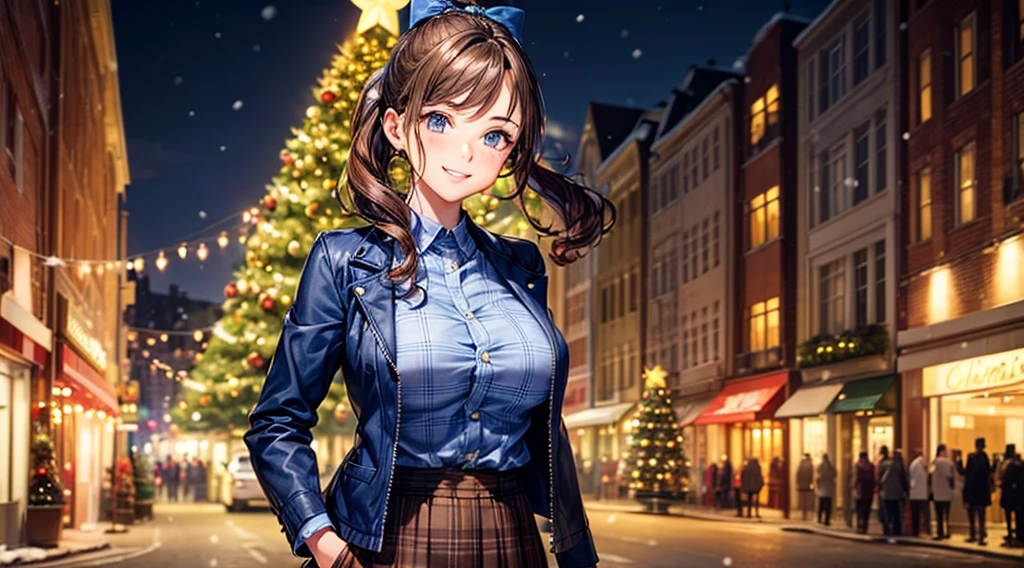 1girl, solo, christmas, ((christmas tree)), street, night, lights, snow, long hair, brown hair, curly hair, ponytail, large breasts, button down, ((opened brown zipper jacket)), dark blue eyes, ((blue shirt)), ((checked shirt)), ((unbuttoned shirt)), ((long skirt)), smile, looking at the viewer, standing, hair ribbon