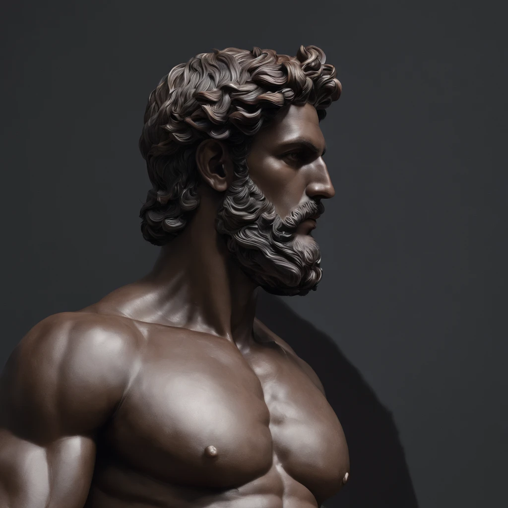 Greek god statue in a dark studio, perfect body statue, man statue, bearded Greek god, minimal background, classic physique.