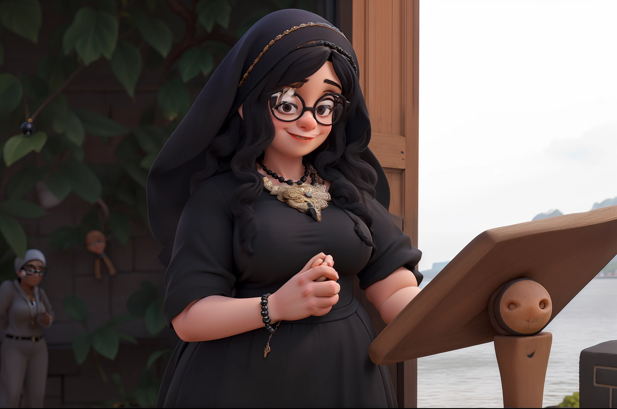 Mulher, gorda, baixa, bespectacled, wearing a black dress and headscarf with rosary in hand