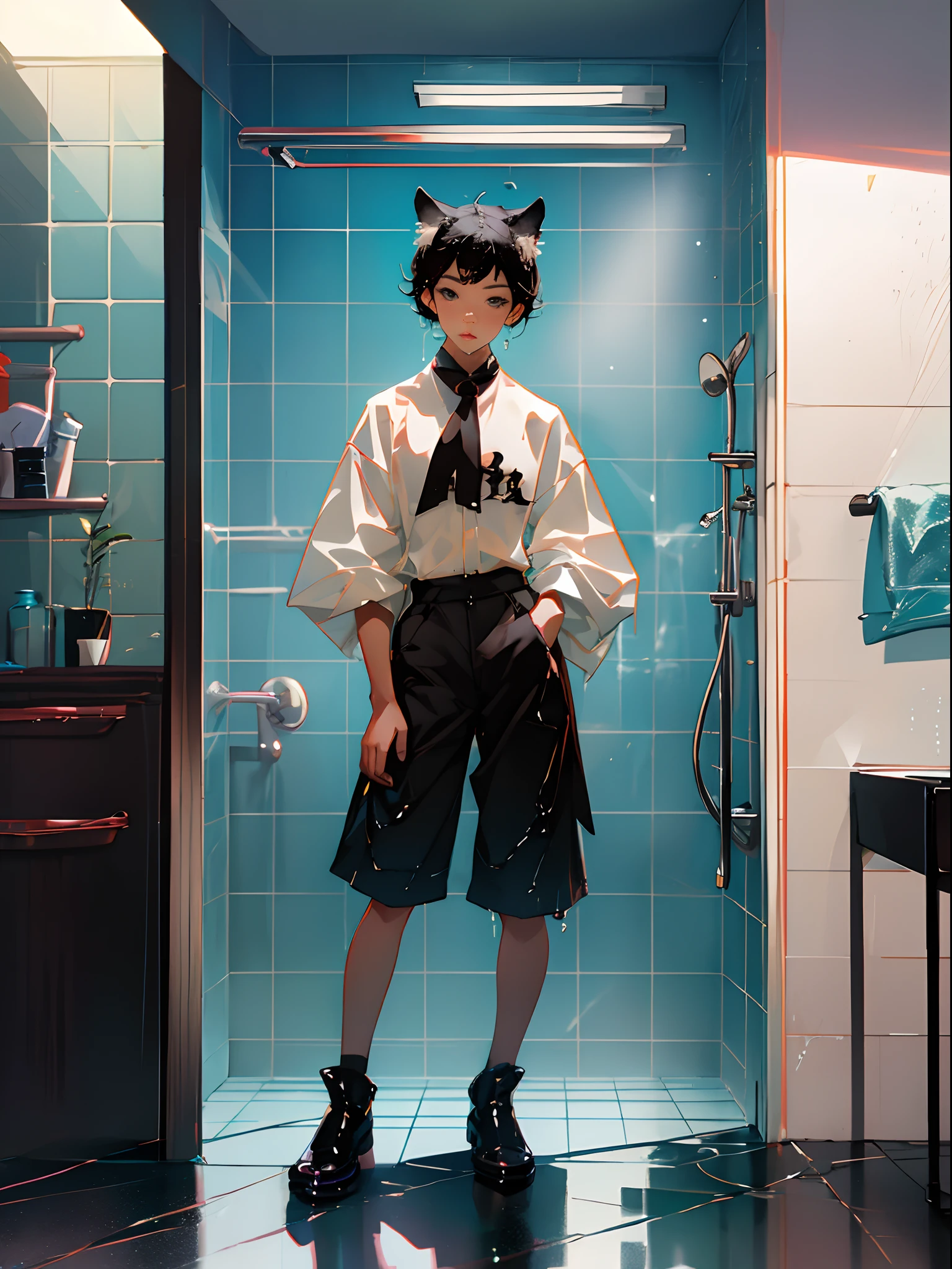 masterpiece, best quality, shotacon,black hair,black eyes,wolf ears and tails, maximal high quality, boy,short hair,shower room, wet,