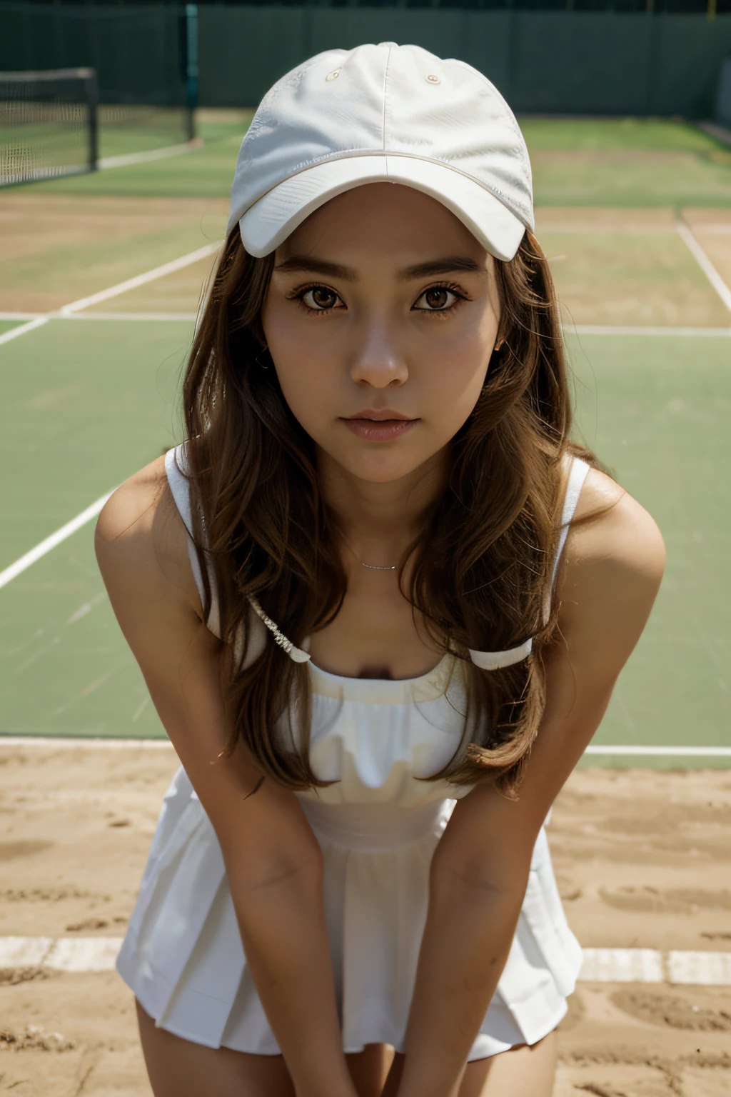 large eyes, Japanese, dressed up, no bangs, light brown hair color, long hair reaching below the chest, tennis dress, white smooth skin, curly hair, tennis court, tennis cap