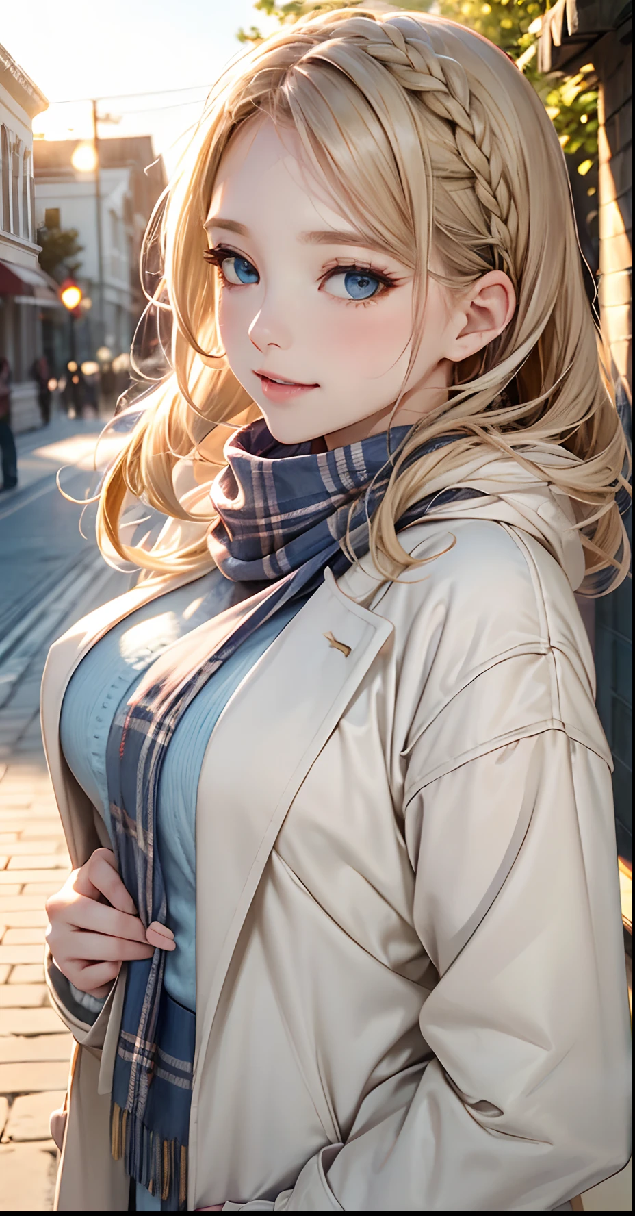 (masterpiece),(top-quality:1.2),1girl in,(masuter piece:1.3),exquisitedetails, Highest quality 8K resolution, Ultra-detailed, Realistic, Vibrant colors, Soft tones, With warm and gentle lighting,(Beautiful plaid scarf:1.3),(Preet Pink Ruffled Ribbon Dress,) (Brown long coat:1.2) early evening,Big sunset,(Smooth straight blonde hair:1.2),(Hair parted in the middle:1.3),(Glowing hair),(Dark blue eyes:1.3),White skin, hair clips,Overflowing soft and gentle feelings,(The promenade is full of flowers),The sun's rays illuminate joy and pure love, Warm golden glow,The atmosphere is full of happiness and laughter, As if celebrating love,Sticking to ultra-detailed depictions and vivid colors. In a style that blends romanticism and realism、You can feel the depth of love,color palettes,Create an ethereal atmosphere like a dream,and the lighting is soft and diffused, Shine a gentle light on your face,The artwork is a masterpiece,