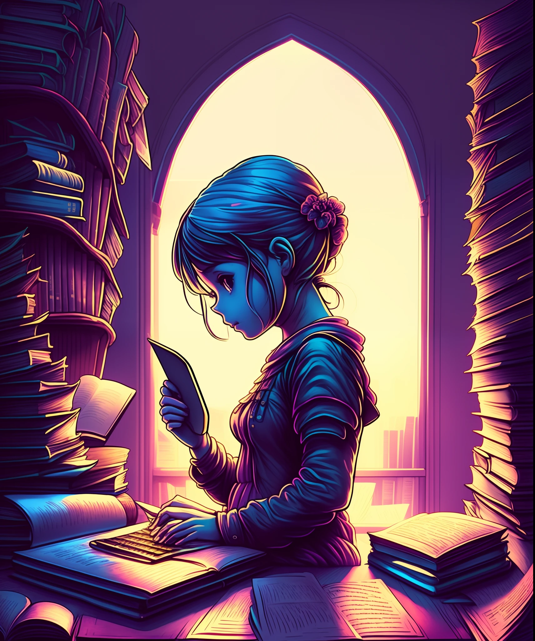 A girl trying to study books and laptop