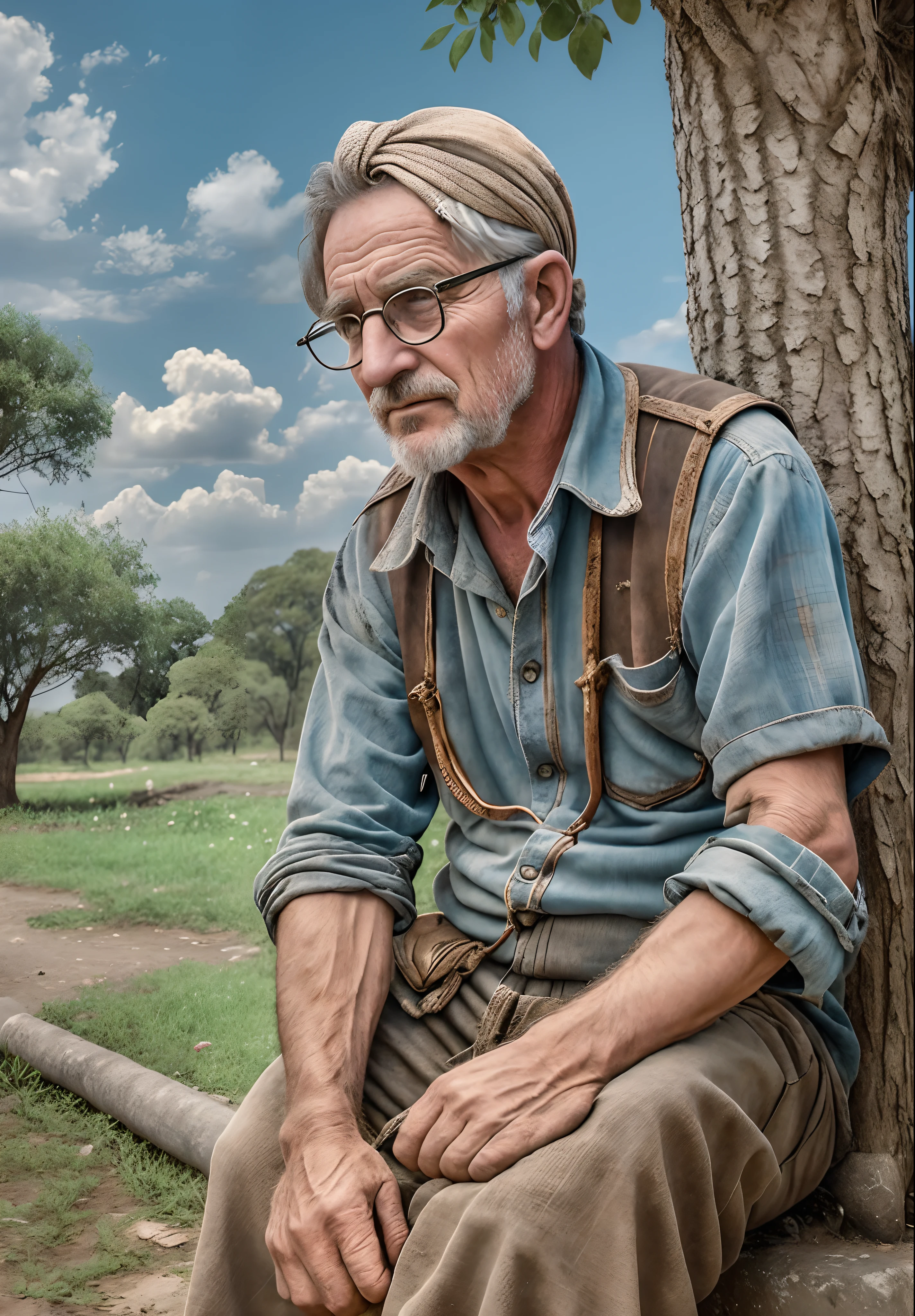an older farmer who is lost in his thoughts in a shabby situation and with a handkerchief on his face and glasses tied to his face is sitting by a tree by the roadside. --auto --s2