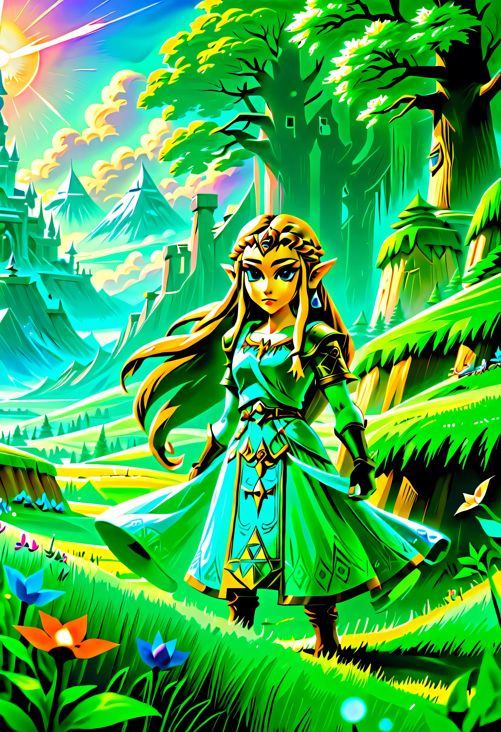 (((Legend of Zelda Style Scenery landscape and Princess Zelda illustration:1.3))), (((extremely incredibly detailed:1.3))), (((intricate insane details:1.3))), (((radiosity rendered in stunning 32k resolution:1.3))), highest quality, highly quality, (((ethereal beauty:1.3))), (((breathtaking beauty:1.3))), (((stunningly detailed paintwork:1.2))), (high contrast sophistication masterpiece:1.3), (((ultimate in quality and resolution:1.3))), (((intricate insane details:1.3))), (((dreams are released in the distant sky:1.1))), spring is scattered,echoing in this farthest land, reincarnations reflected in eyes as look up at the sky.where will carry the lost tomorrow, blows across the dull-colored shining sea, small boats swaying in the wind, (((illuminating the endless track of dreams,destiny will burn out:1.2))), wander aimlessly, become the light that shines through my heart, and release my dreams in the distant sky, farthest reaches,if the map of sadness reverberated through the earth,scars of timeless days would be scattered, countless winds, in the blinking distance, shadow swayed in the endless rut ​​of dreams,