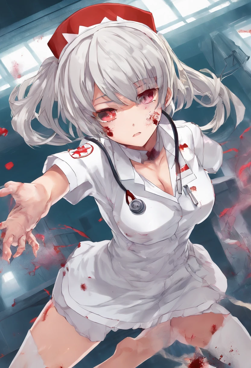 masterpiece, highest quality, highest detail, 1 girl,
BREAK, horror, (Small injured girl, blood, bleeding, injury), Shining white hair, jewel-like red eyes, anime highlight eyes, (Nurse uniform: 1.4), (White tight miniskirt: 1.2), White pantyhose, scarred clothes, dirty clothes, bloodstained clothes, scarred skin, battle damage, bandaged arms, bandaged legs, (Yandere:1.2),
BREAK, The background is a modern hospital, a collapsed hospital,
BREAK, full body, movie lighting, action movie poster, dynamic, beautiful girl action actor, motion blur, depth of field, 35mm, Sony FE, 1girl,