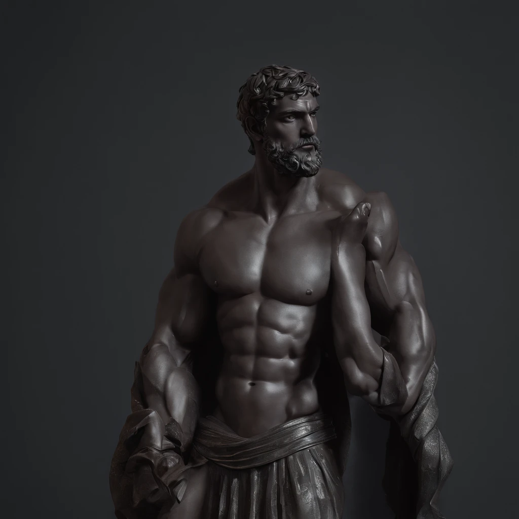 Greek god statue in a dark studio, muscled body statue, bodybuilding pose, man statue, bearded Greek god, minimal background, classic physique.