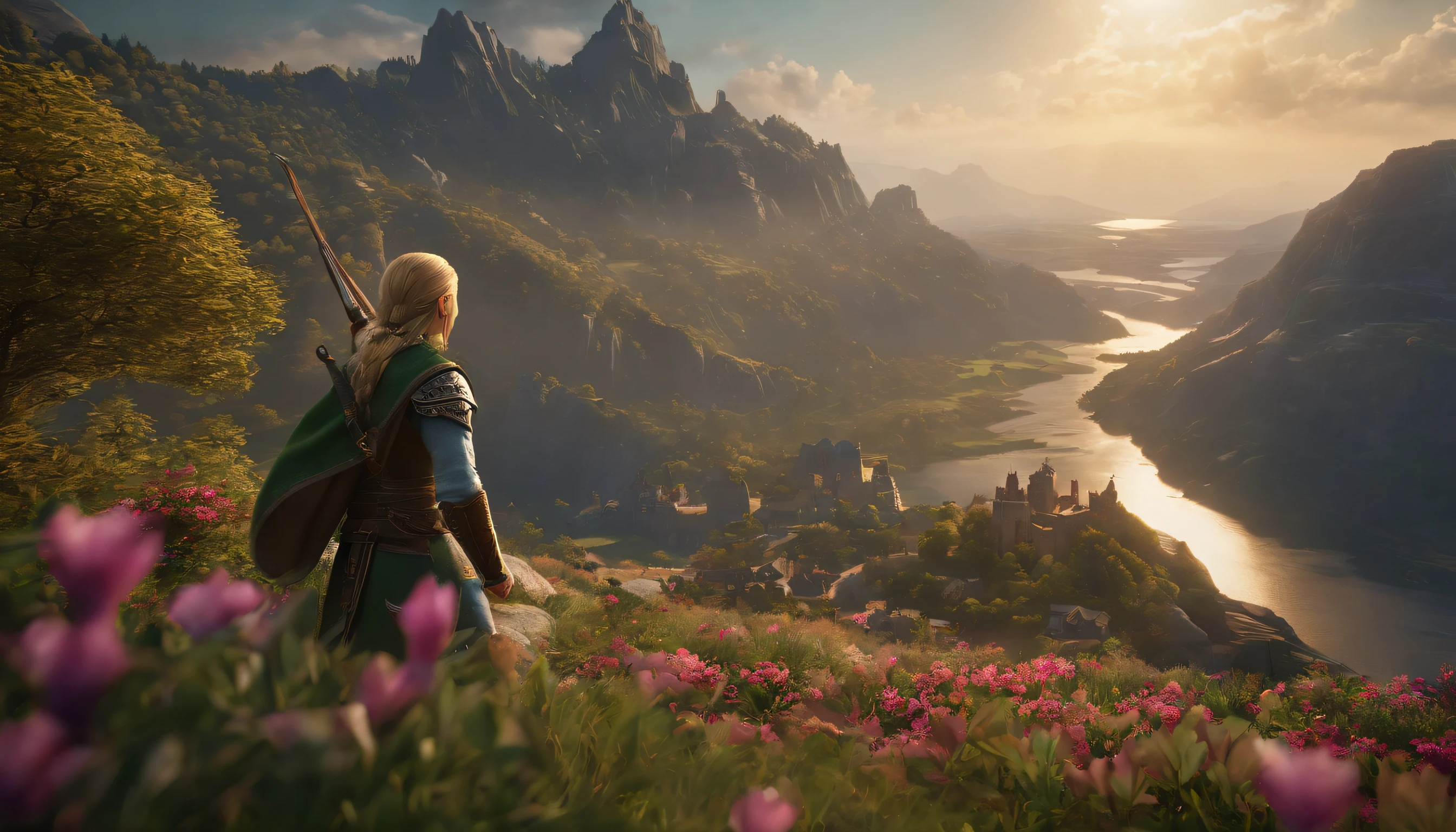 8K、4K、Masterpiece、top-quality、A hyper-realistic、highcontrast、The Legend of Zelda、A spectacular view of the legendary elven hero swordsman from the top of a cliff、In the distance, you can see a plain with flowers blooming all over、Beyond that, you can see a magnificent castle that rises beautifully