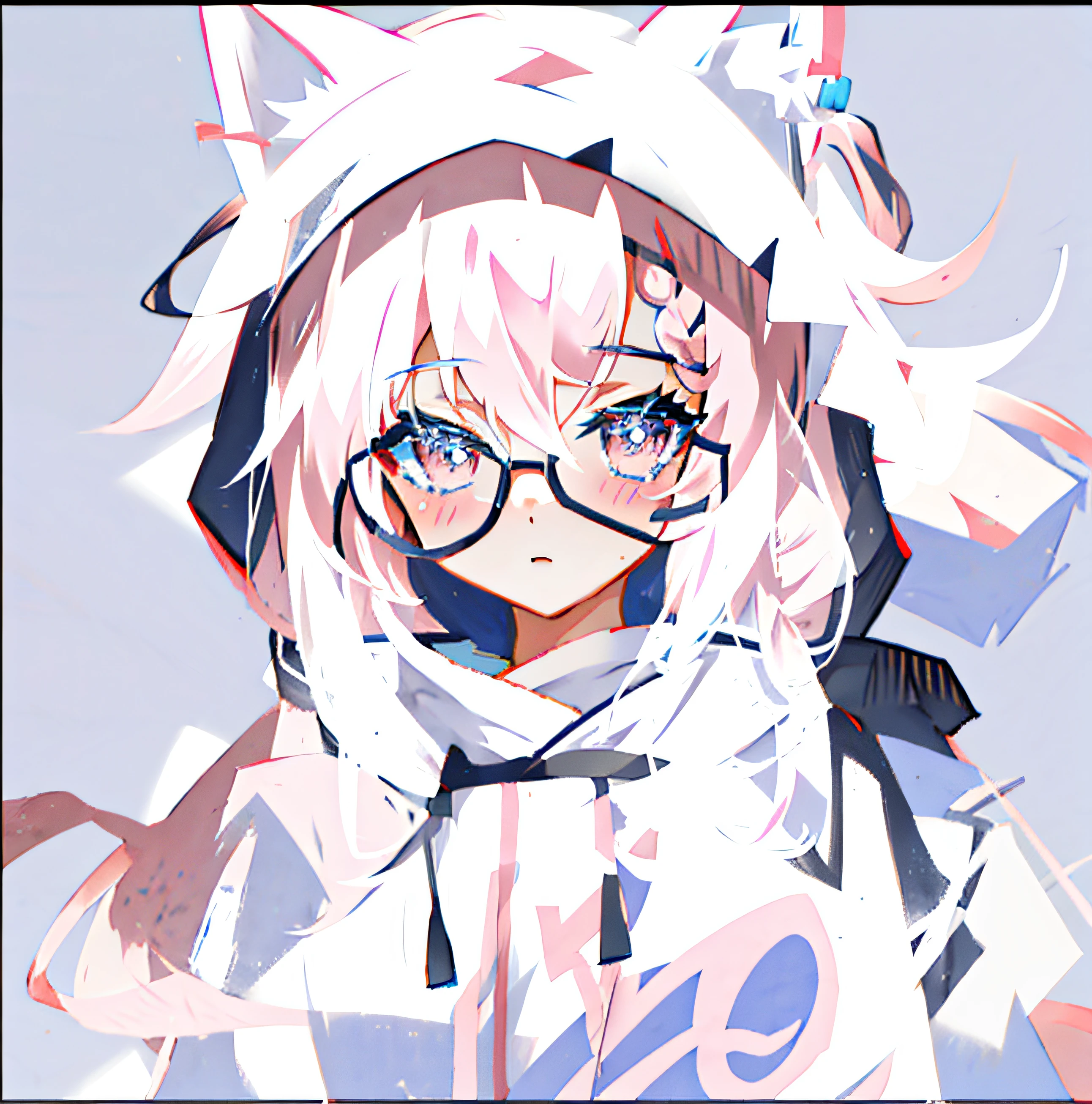 roblox anime girl, messy hair pink, Braid ponytail, y2k cat hood white, white blouse striped, dizzy face