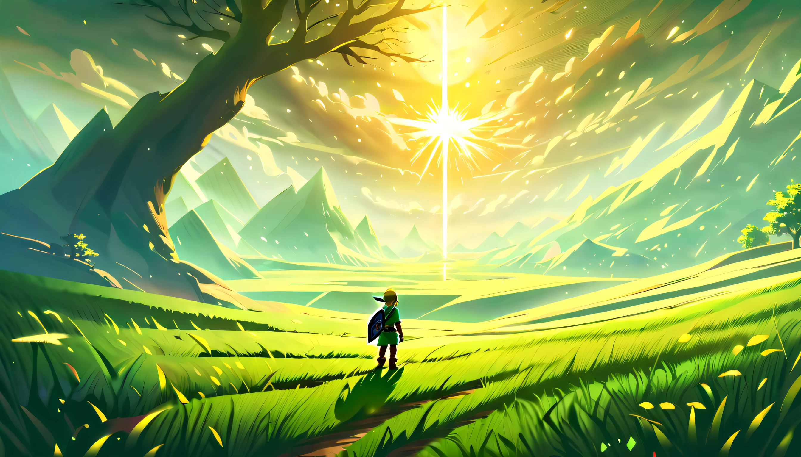 (((Legend of Zelda Style Scenery landscape and stylish Link illustration:1.3))), (((extremely incredibly detailed:1.3))), (((intricate insane details:1.3))), (((radiosity rendered in stunning 32k resolution:1.3))), highest quality, highly quality, (((ethereal beauty:1.3))), (((breathtaking beauty:1.3))), (((stunningly detailed paintwork:1.2))), (high contrast sophistication masterpiece:1.3), (((ultimate in quality and resolution:1.3))), (((intricate insane details:1.3))), (((dreams are released in the distant sky:1.1))), spring is scattered,echoing in this farthest land, reincarnations reflected in eyes as look up at the sky.where will carry the lost tomorrow, blows across the dull-colored shining sea, small boats swaying in the wind, (((illuminating the endless track of dreams,destiny will burn out:1.2))), wander aimlessly, become the light that shines through my heart, and release my dreams in the distant sky, farthest reaches,if the map of sadness reverberated through the earth,scars of timeless days would be scattered, countless winds, in the blinking distance, shadow swayed in the endless rut ​​of dreams,