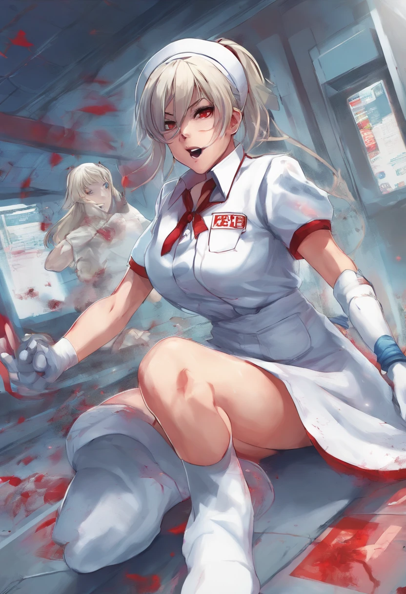 masterpiece, highest quality, highest detail, 1 girl,
BREAK, horror, (Small injured girl, blood, bleeding, injury), Shining white hair, jewel-like red eyes, anime highlight eyes, (Nurse uniform: 1.4), (White tight miniskirt: 1.2), White pantyhose, scarred clothes, dirty clothes, bloodstained clothes, scarred skin, battle damage, bandaged arms, bandaged legs, (Yandere:1.2),
BREAK, The background is a modern hospital, a collapsed hospital,
BREAK, full body, movie lighting, action movie poster, dynamic, beautiful girl action actor, motion blur, depth of field, 35mm, Sony FE, 1girl,