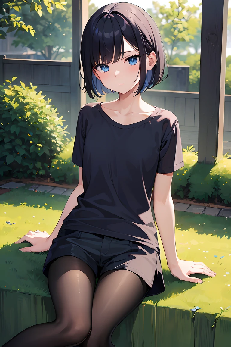 masterpiece:1.2, best quality, ((ultra detailed)), high resolution, 2d, anime style , photo, photography, detailed background, (1boy,otoko no ko, feminine),cute face,short hair,bob cut,(black hair),flat chest, BREAK solo,(droopy eyes:1.3),,((blue eyes;1.2 )), beautiful thighs,embarrassed,shy, BREAK cowboy shot,sitting,wariza,oversized shirt,black pantyhose,shorts BREAK pastel colors:1.4, solid paint:1.2, saturated color, contour